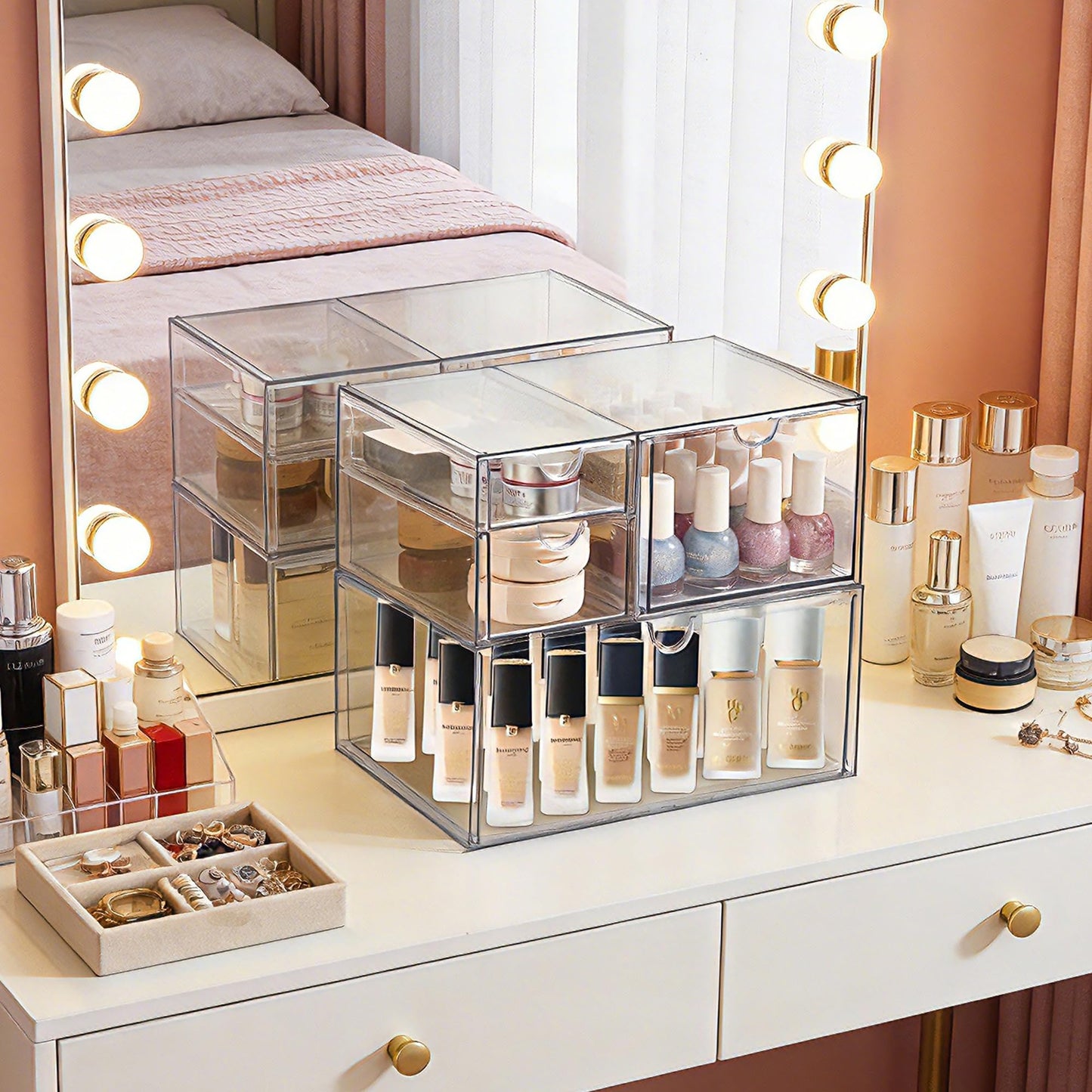 Prsildan Acrylic Drawer Makeup Organizer with 4 Drawers, Set of 2 Office Desk Organizers Accessories, Clear Stackable Storage Drawers for Vanity, Countertop, Craft, Jewelry, Art Supply Organization