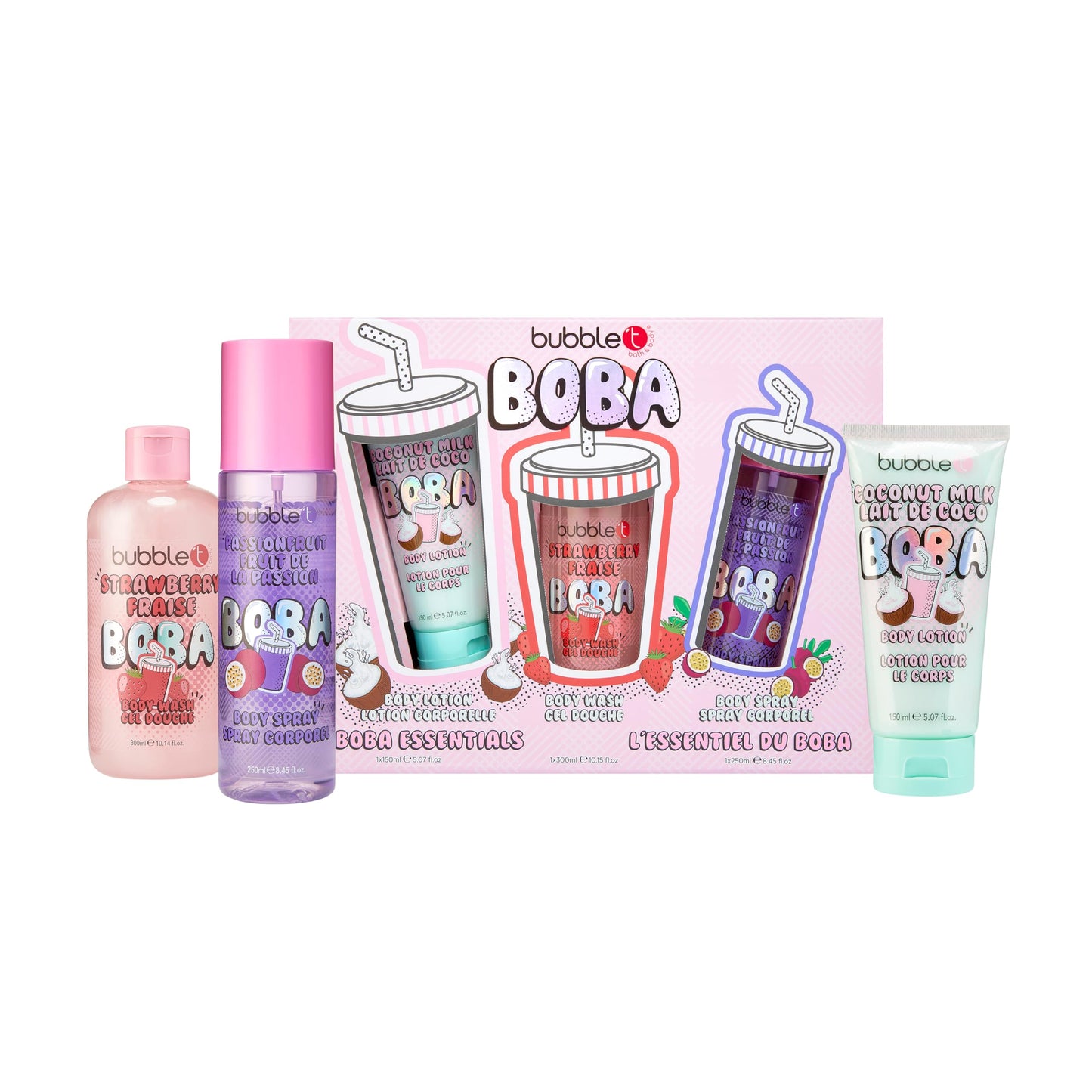 Bubble T Cosmetics Essentials Bath and Body Set, Coconut Milk Body Lotion, Strawberry Body Wash, Passion Fruit Body Spray, 3 Piece Gift Set