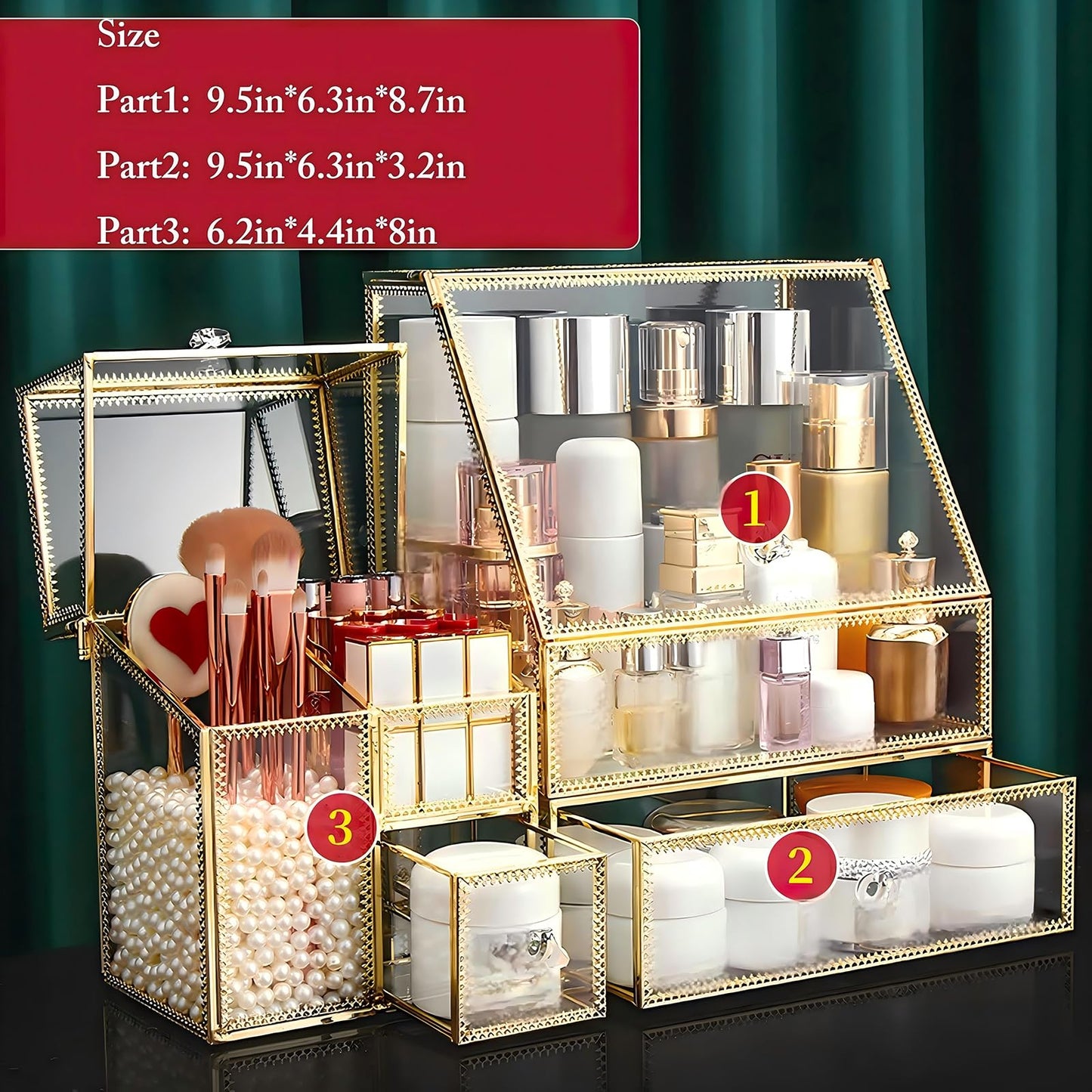 UShioart Large Glass Makeup Organizer Drawer Set Beauty Storage Bathroom Counter Organizer Cosmetic Display with Pearl (16in)