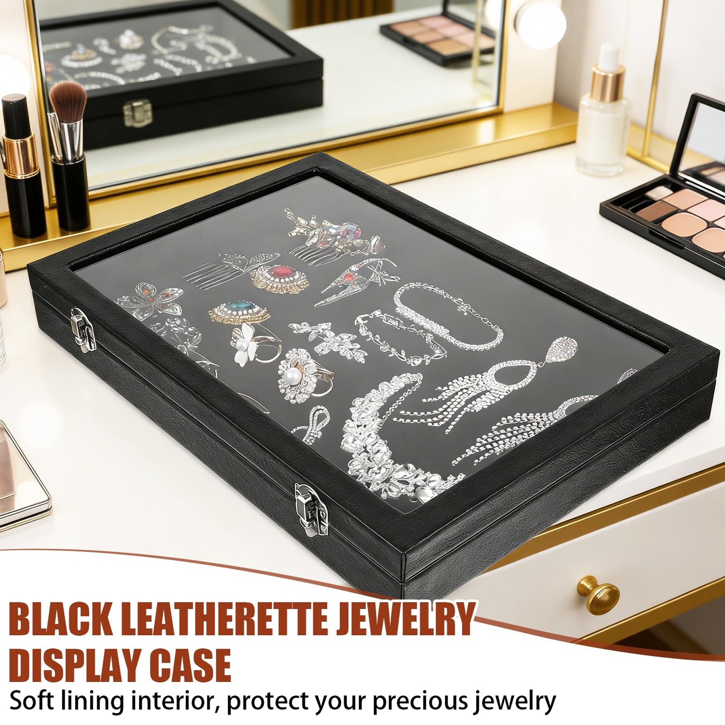 Leooomap 3 Pieces Jewelry Organizer Box, Black Velvet Blank Display Tray Case with Lid, 13.8 x 9.5 x 2 Inch Wooden Jewelry Display Case for Necklaces, Rings & Collectibles