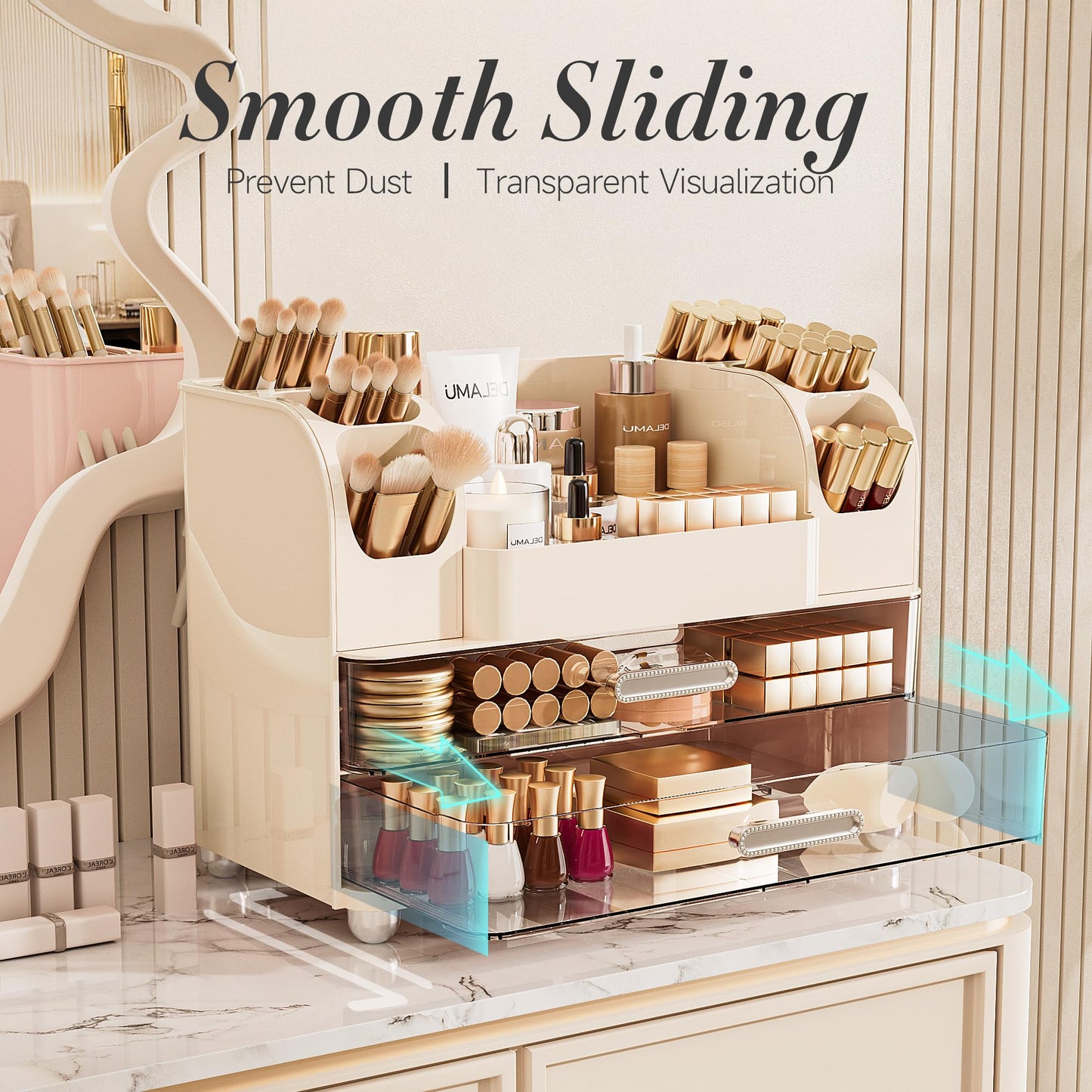 Delamu Large Makeup Organizer Countertop with 6 Brush Holders, Makeup Organizers for Vanity with 2 Large Drawers, Easy to Store Skincare, Lipsticks, Nail Polishes, Eyeshadow Palettes, Cream White