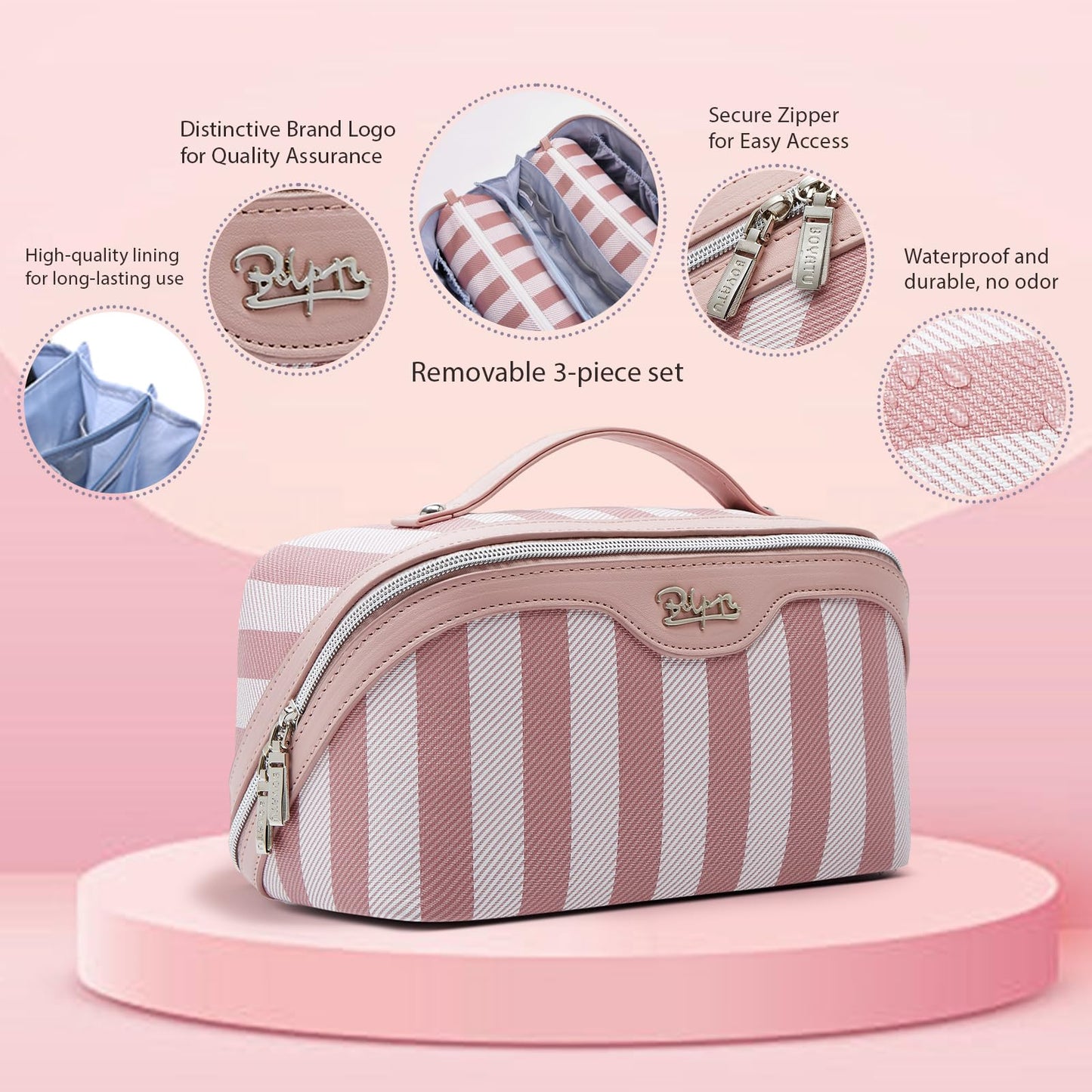 BOYATU Travel Makeup Bag Cosmetic Bag for Women: 3 Pcs Set Striped Make up Bag with Compartments - Waterproof Vegan Leather Toiletry Bags with Handle - Makeup Organizer for Travel Essentials(A-3-Pink)