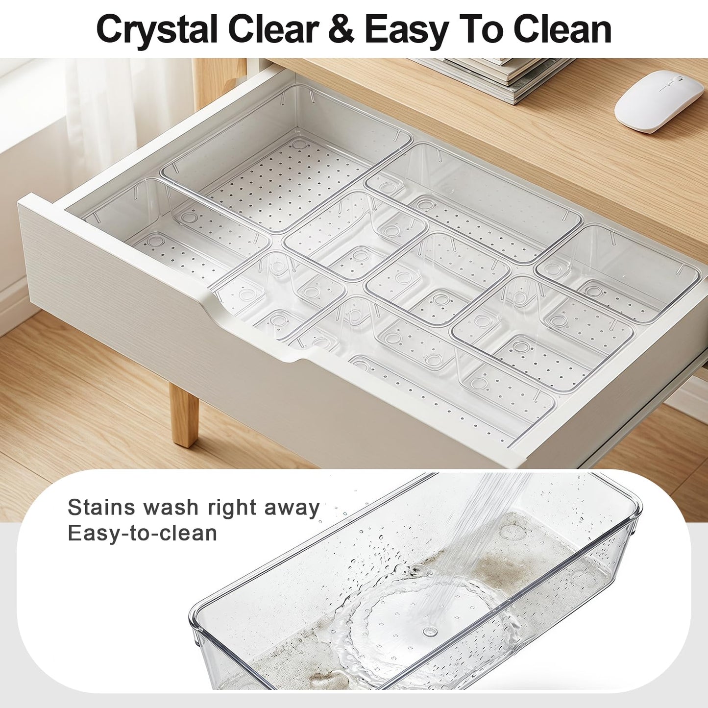 Asnews 25 Pcs Makeup Drawer Organizer Set, 4 Sizes Versatile Bathroom and Vanity Drawer Organizer for Makeup, Non-Slip Desk Organizer Trays for Bedroom, Office, Fits Jewelry and Office Supplies