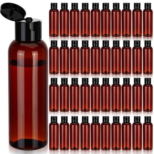 Mimorou 50 Pcs Plastic Squeeze Bottle with Cap Empty Amber Refillable Container Small Travel Toiletry Bottle for Lotion Shampoo Oil Body Soap Creams(Flip-top Lid,4oz,Brown/black)