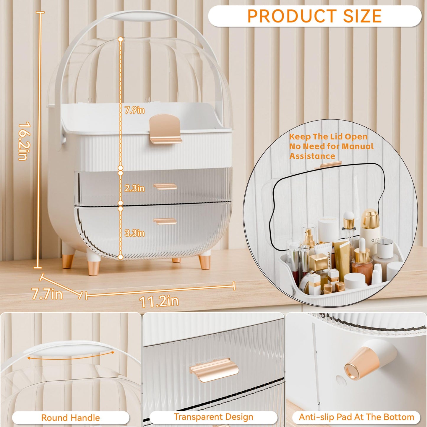 Yieach Countertop Makeup Organizer With Lid,Large Skincare Organizers With 2 Drawers,Dustproof Cosmetic Display Cases for Bathroom,Dresser,Lotion,Beauty,Skin Care Holder,Makeup Storage Organizer,White