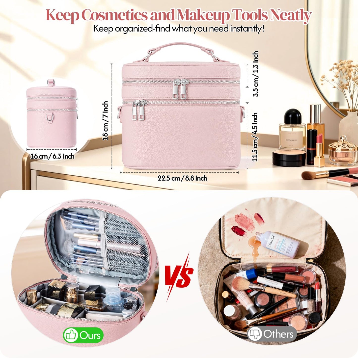 cysiyu Leather Makeup Bag Organizer Double Layer Vanity Bag Large Capacity with Compartments and Handle Travel Portable Storage Crossbody Cosmetic Jewelry Case for Women. Pink