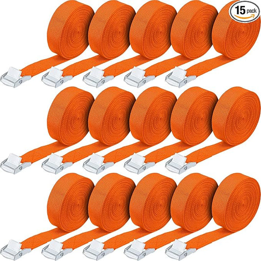 Riakrum 15 Pack 16 Feet Lashing Straps Adjustable Kayaks Tie Down Cam Buckle Straps with Buckles up to 250lbs for Cargo, Luggage, Motorcycles, Truck, Car Roof Rack, Sup Surfboard(Orange)