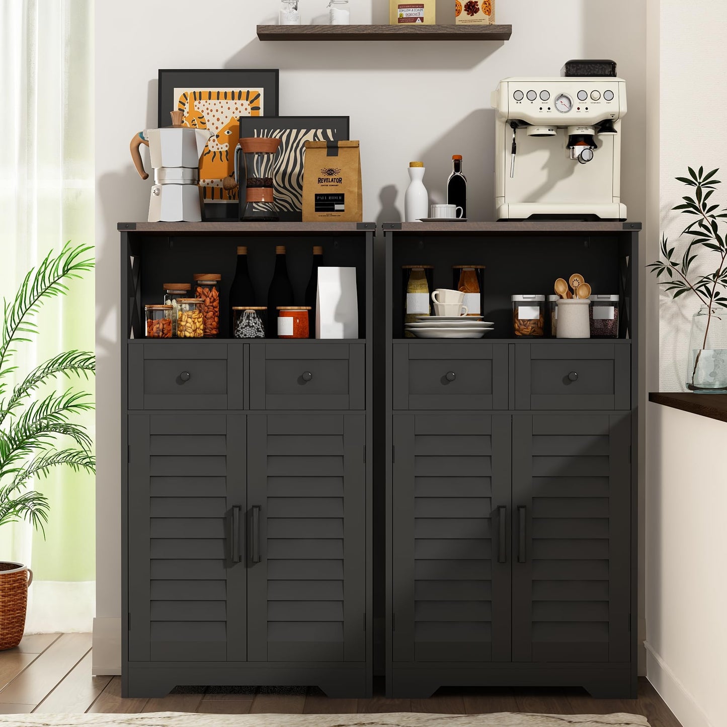 ChooChoo Farmhouse Storage Cabinet, Bathroom Floor Cabinet with Doors and Drawers, Kitchen Pantry Cabinet for Living Room, Laundry, Black