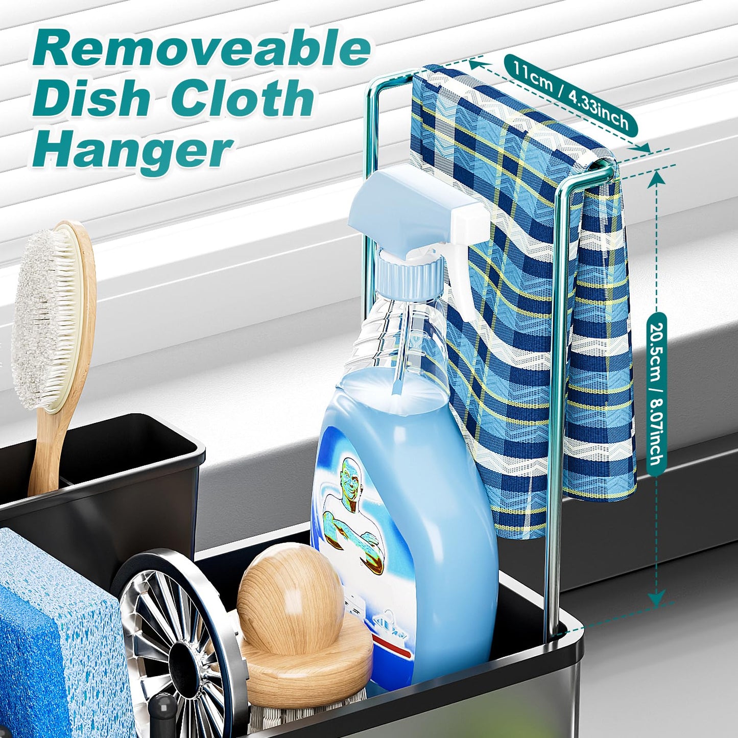 Ewaiira Stainless Steel Sink Caddy, Sponge Holder for Kitchen Sink with Brush Holder and Towel Rack, Sink Organizer for Countertop, Soap Dispenser Kitchen Organizers Storage Essentials (A-Black)