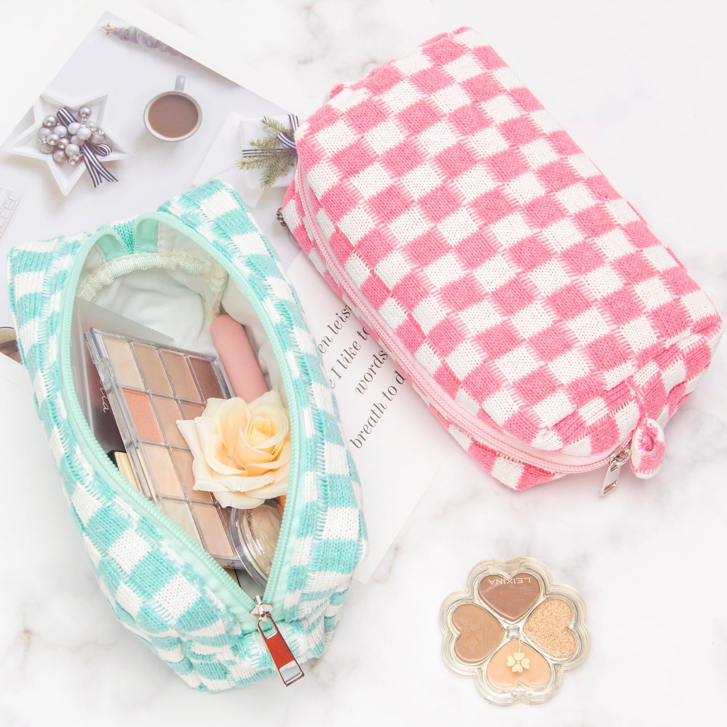 PAZIMIIK Checkered Makeup Bag for Purse Portable Zipper Make Up Pouch Small Cosmetic Case for Travel Accessories (6PCS Arctic Blue)