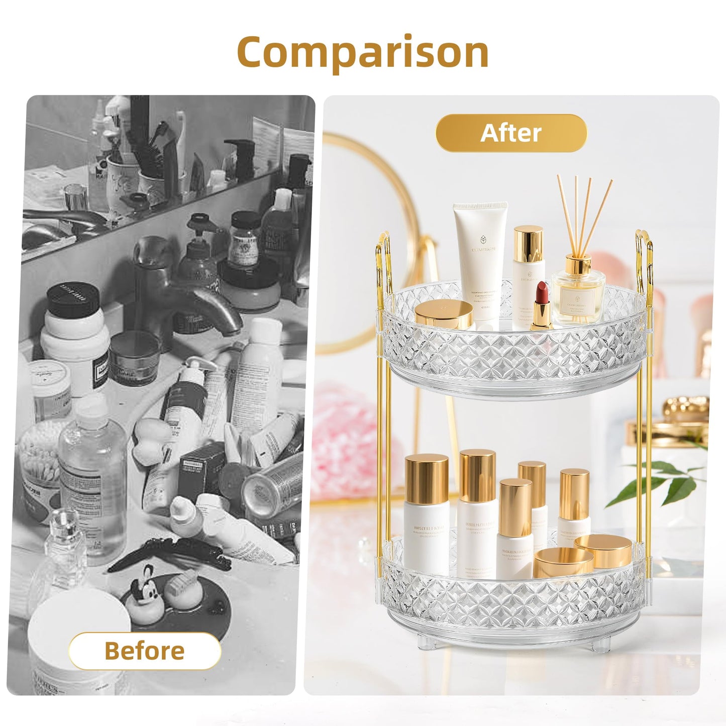 LAREKUN 360 Rotating Makeup Organizer for Vanity, Adjustable Perfume Organizer for Dresser, Multi-Function Spinning Cosmetics Skincare Storage for Bedroom, Dresser, Countertop, Clear