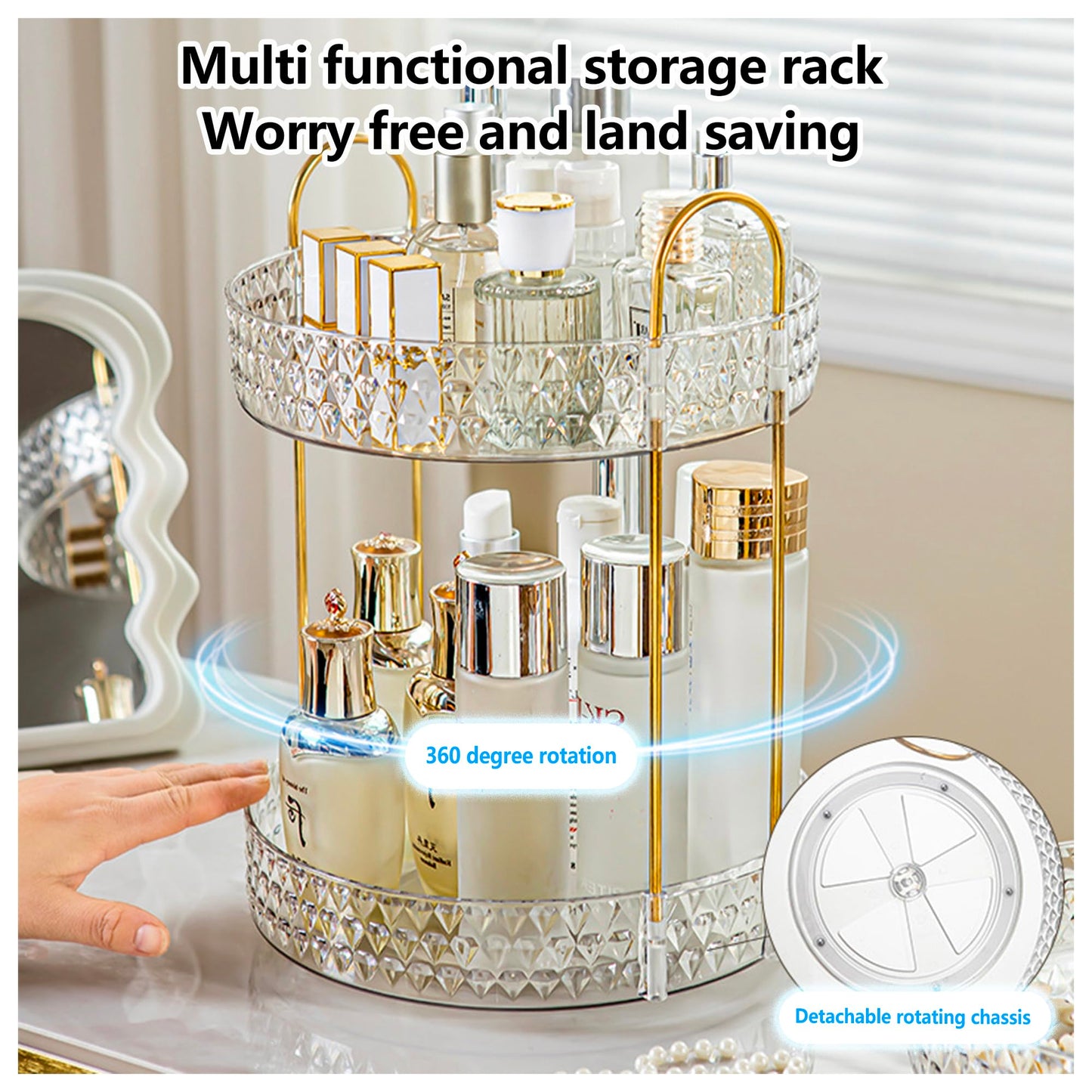 360° Rotating Acrylic Storage Rack, 2-Tier Large Capacity Makeup Organizer for Bathroom Countertop & Vanity, Clear Cosmetic Holder for Skincare, Perfume & Beauty Essentials