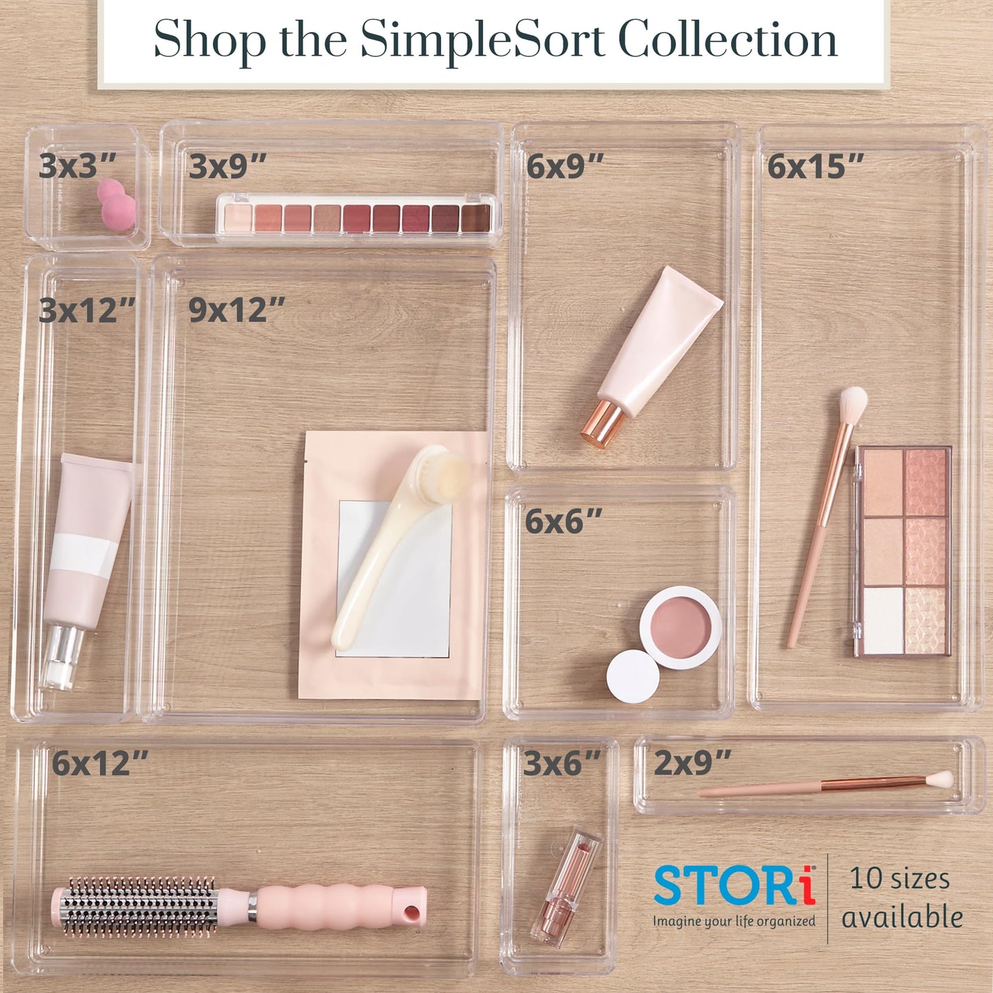STORi SimpleSort 6-Piece Stackable Clear Drawer Organizer Set | 9" x 3" x 2" Rectangle Trays | Narrow Makeup Vanity Storage Bins and Office Desk Drawer Dividers | Made in USA