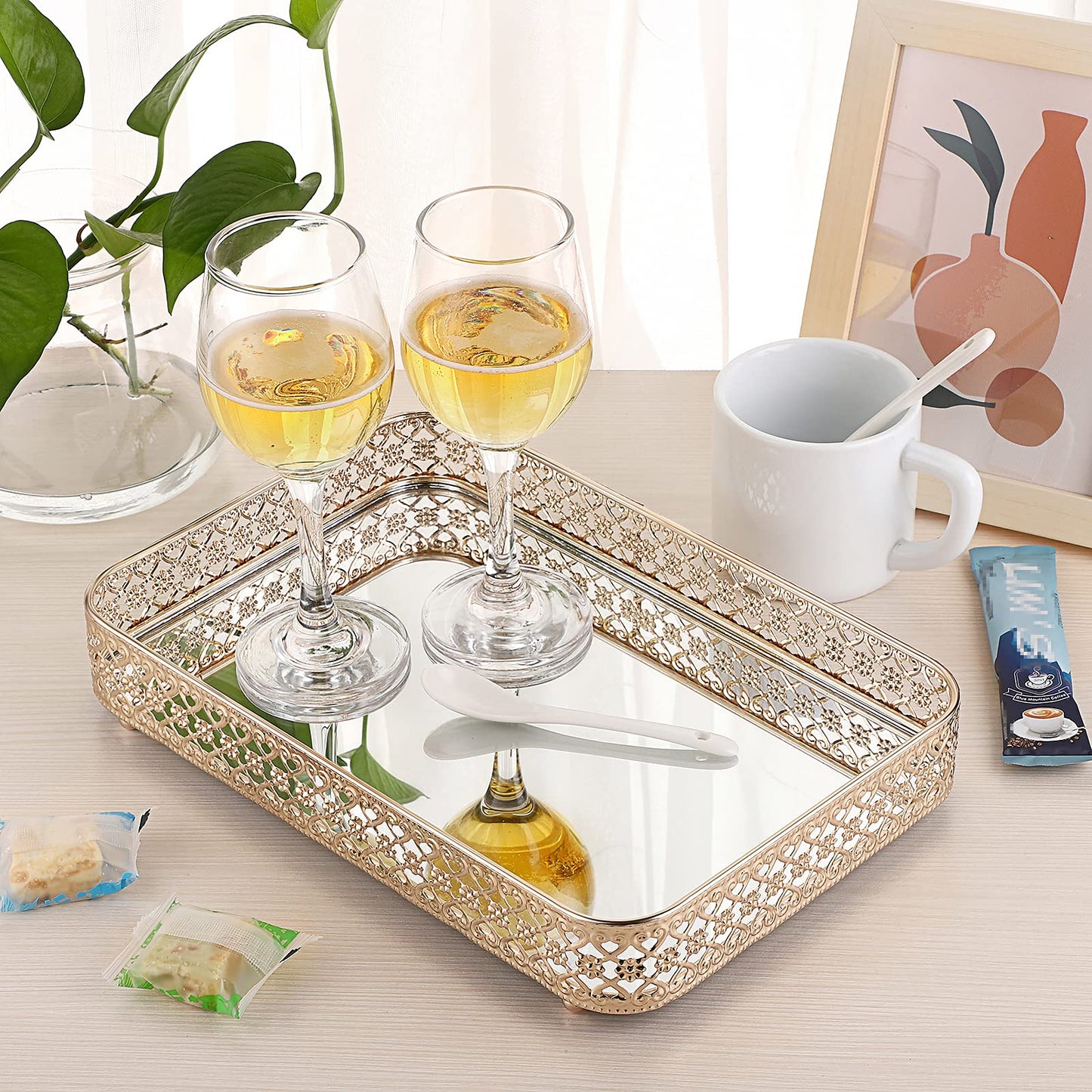 ELLDOO Perfume & Makeup Vanity Tray - Hollow-Carved Jewelry Storage, Glass & Metal Trinket Organizer for Dresser & Bathroom Countertop, Gold, Medium Size