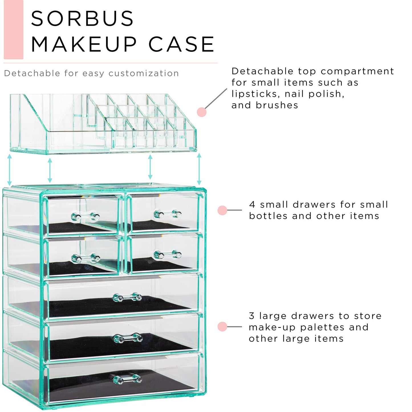 Sorbus Acrylic Makeup Organizer Set, 7-Drawer Vanity & Countertop Cosmetic Storage with Small & Wide Compartments, Teal Thrill Makeup Storage for Brushes, Jewelry – Holiday Gift for Women & Teens