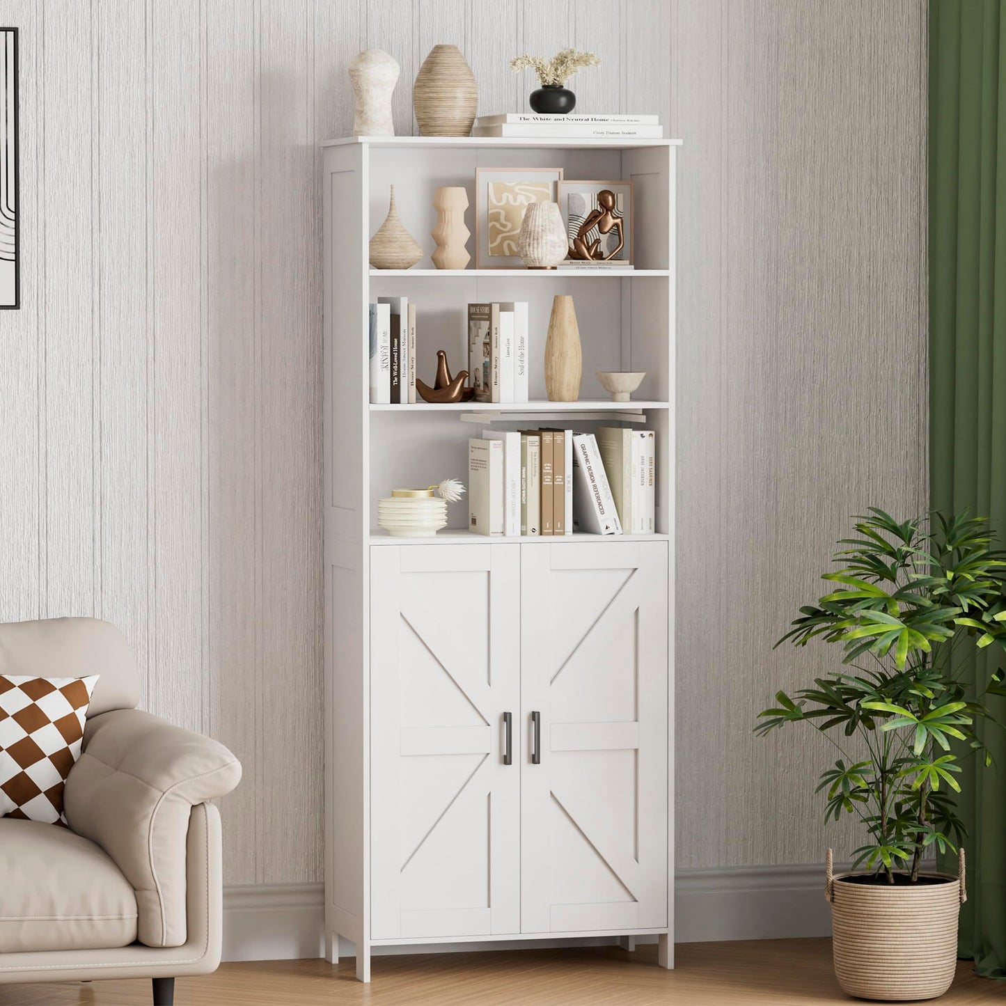 Homhedy 67" Tall Bathroom Storage Cabinet, Freestanding Farmhouse Cabinet with 2 Doors and Adjustable Shelf, Bathroom Organizers and Storage for Kitchen, Living Room, Laundry Room, White