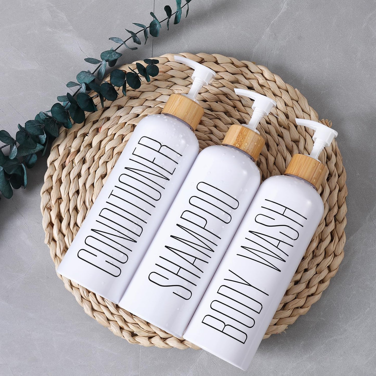 HOMCDALY Shampoo and Conditioner Dispenser, 16oz 3-Pack Refillable Shampoo and Conditioner Bottles, Empty Shampoo Bottles Refillable with Bamboo Pump, Bathroom Shower Shampoo Dispenser Set