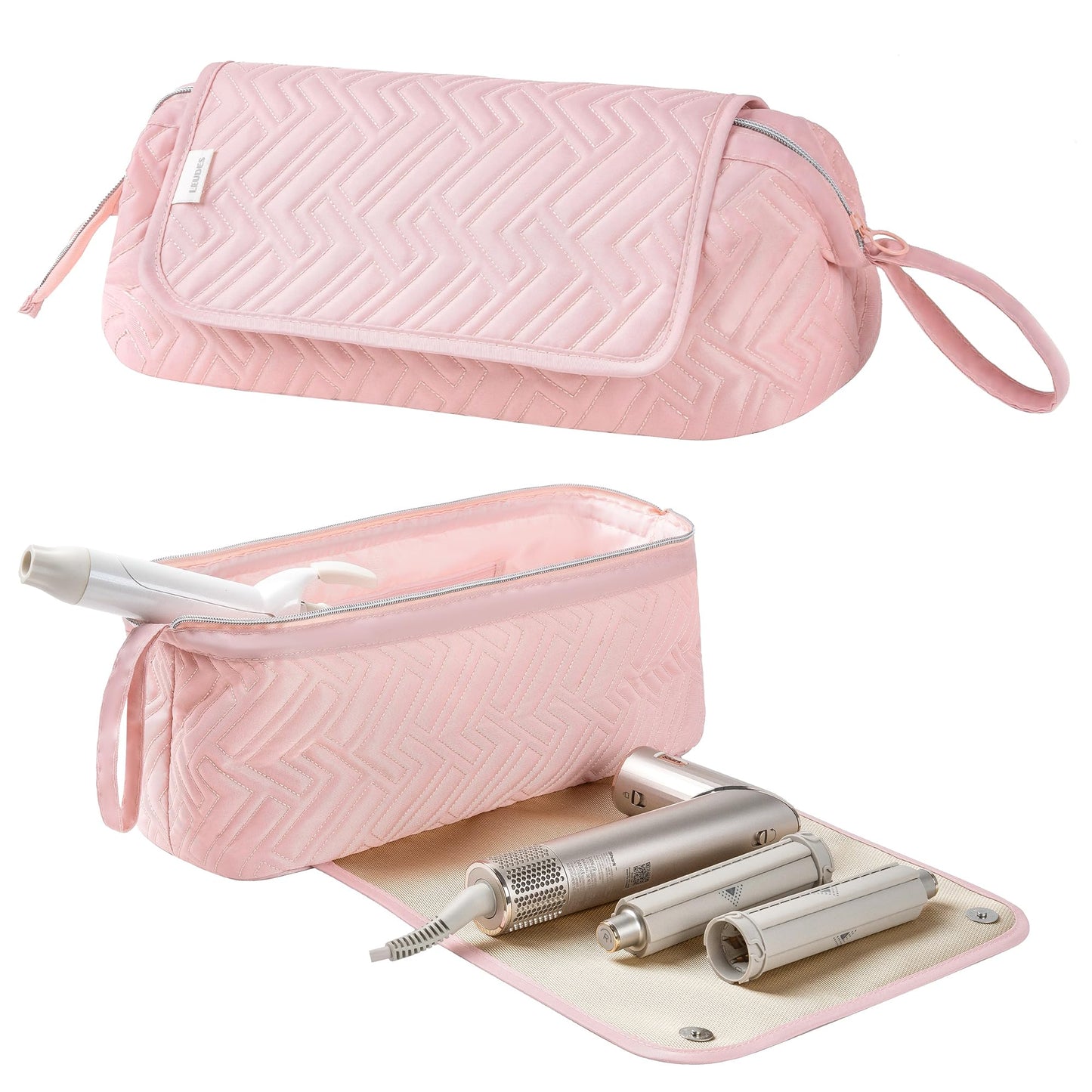 Leudes Hair Tools Travel Bag for Women Heat Resistant Mat for Travel Essentials Hot Tools Straighteners,Flat Irons,Curling Iron,Hot Air Brushes and Hair Dryer Organizer Bags 2 in 1(Pink)