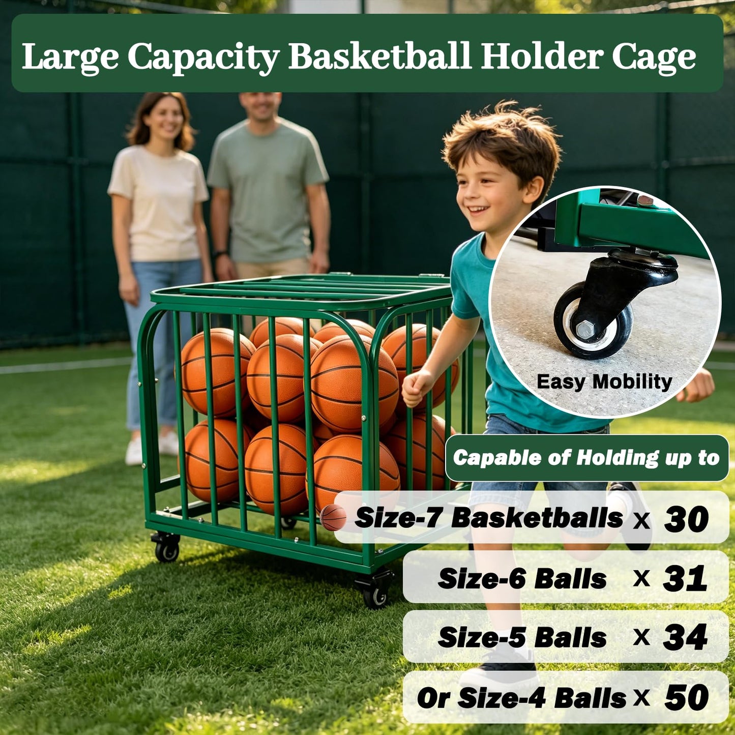 LCKJZYL Ball Storage Cart Holds 30 Balls, Basketball or Volleyball Storage Bin with Wheels, Durable Rolling Exercise Ball Cart Holder, Basketball Holder Cage for Indoor and Outdoor, Gym, School, Club
