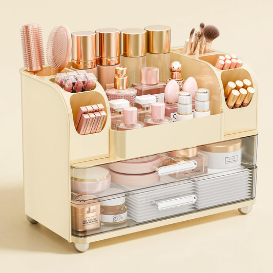 Makeup Organizer for Vanity with Brush Holder, Large Bathroom Countertop Organizer & Skincare Storage | Perfume, Cosmetics Display Case with Drawers (Cream White)