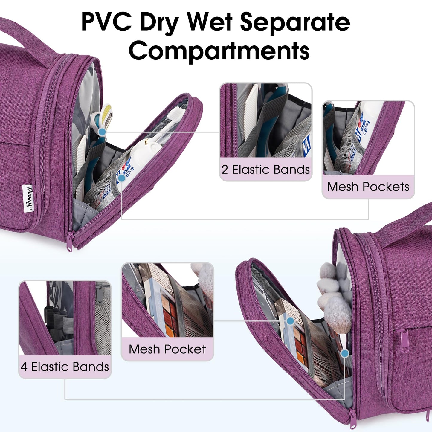 Narwey Large Hanging Toiletry Bag for Women Travel Makeup Bag Organizer Toiletries Bag Dry Wet Separation (Dark Purple)