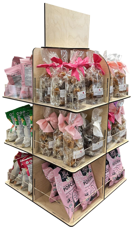 Versatile 4-Sided Rotating Display Stand for Candy, Snacks, Jams, Produce and More - Ideal for Craft Shows, Farmers Markets, and Retail Stores - 12 Shelves, Heavy-Duty Design, Easy Setup (Natural)