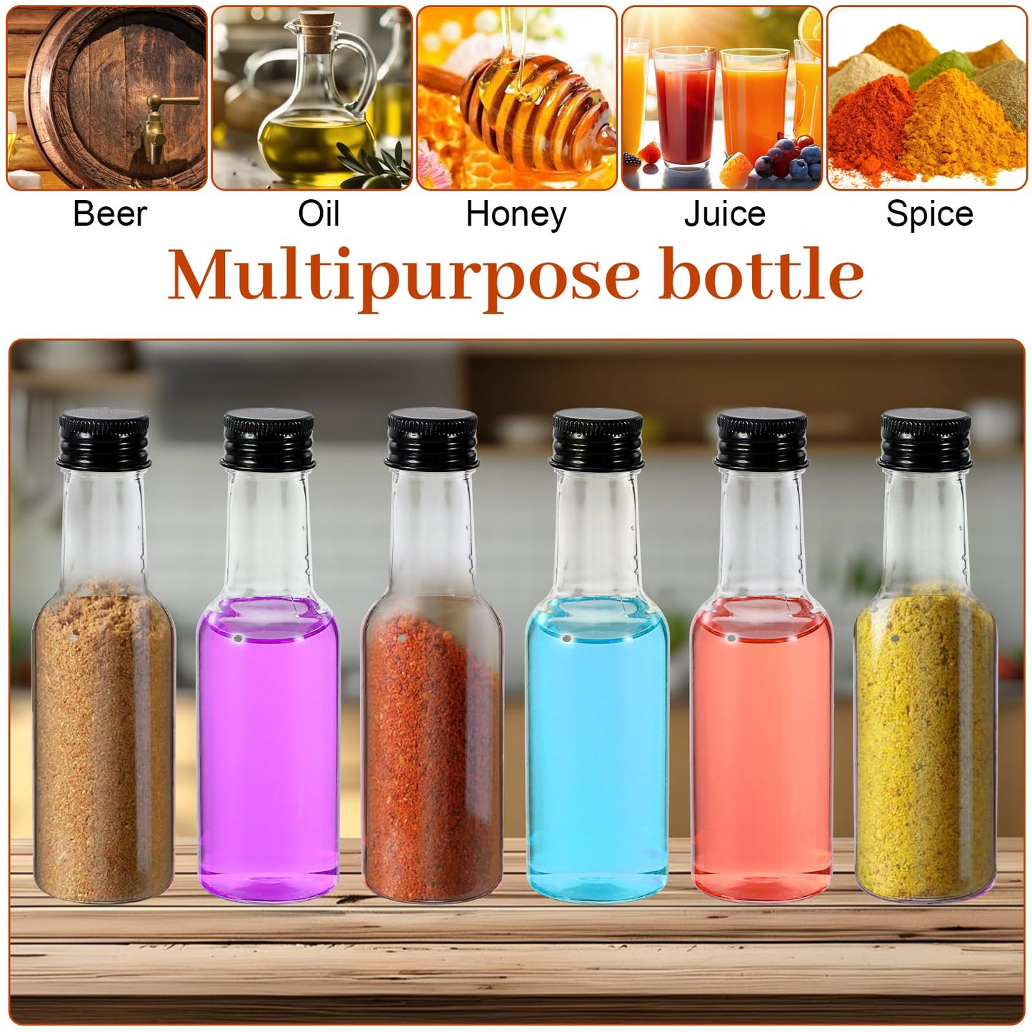 100 Pcs Mini Liquor Bottles, 50ml/1.7 oz Plastic Mini Salad Dressing Bottle with 4 Funnels, Small Alcohol Holders with Cap Wine Hot Sauce for Weddings Party Supplies (Black)