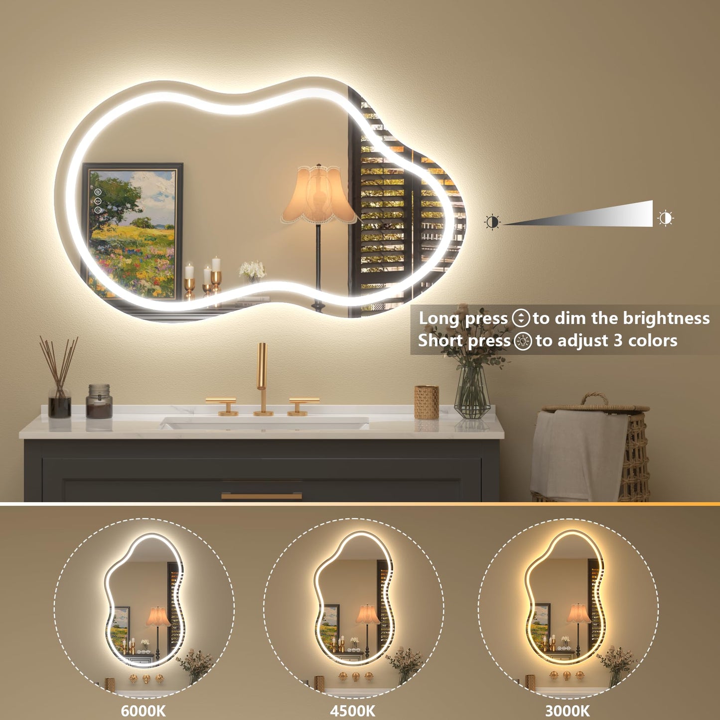 CHARMOR Irregular Backlit Bathroom Mirror with Lights 20x36 Inch, Asymmetrical Cloud-Shaped Led Lighted Vanity Mirror, Fogless, Dimmable, Shatterproof, Memory (Horizontal/Vertical)