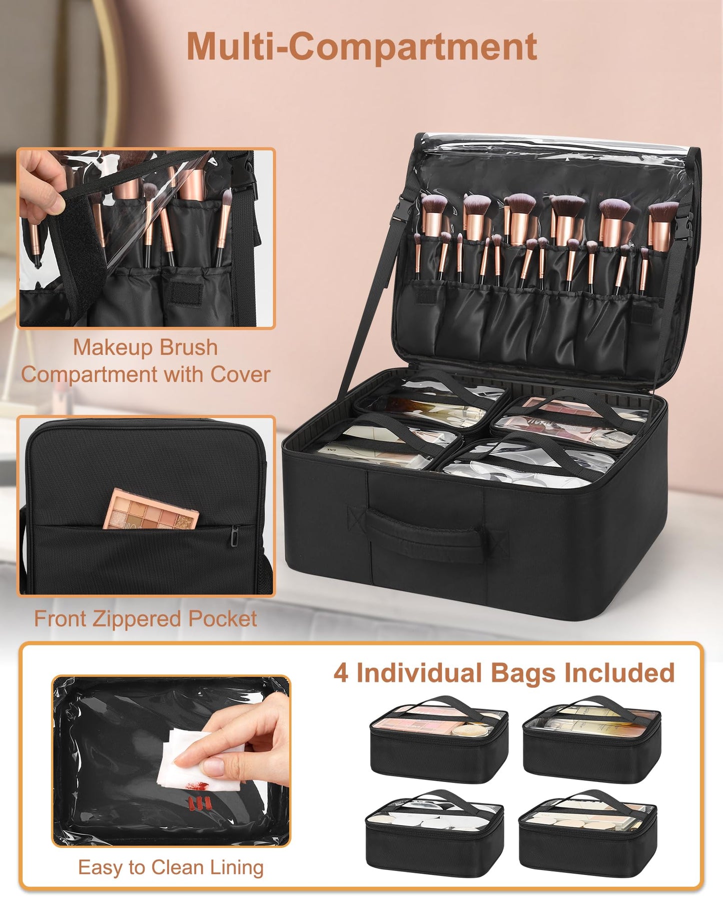 Relavel Makeup Backpack with Makeup Brush Case, Extra Large Travel Train Case Professional Artist Kit Set Bag with 4 Clear Bags, Brush Storage Organizer Box for Cosmetic Hair Tools, Black
