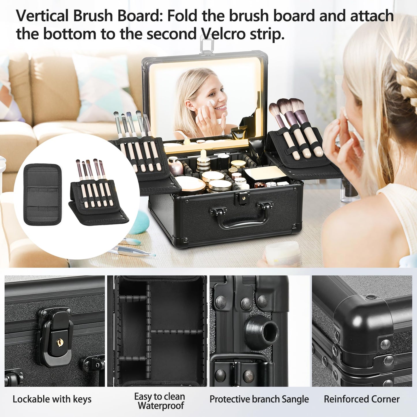 GALHUBIS Makeup Case with Lighted Mirror, Makeup Box Organizer with Detachable LED Mirror, Travel Makeup Train Case, Waterproof Cosmetic Organizer, Standing Makeup Brush Holder, Gift, Black