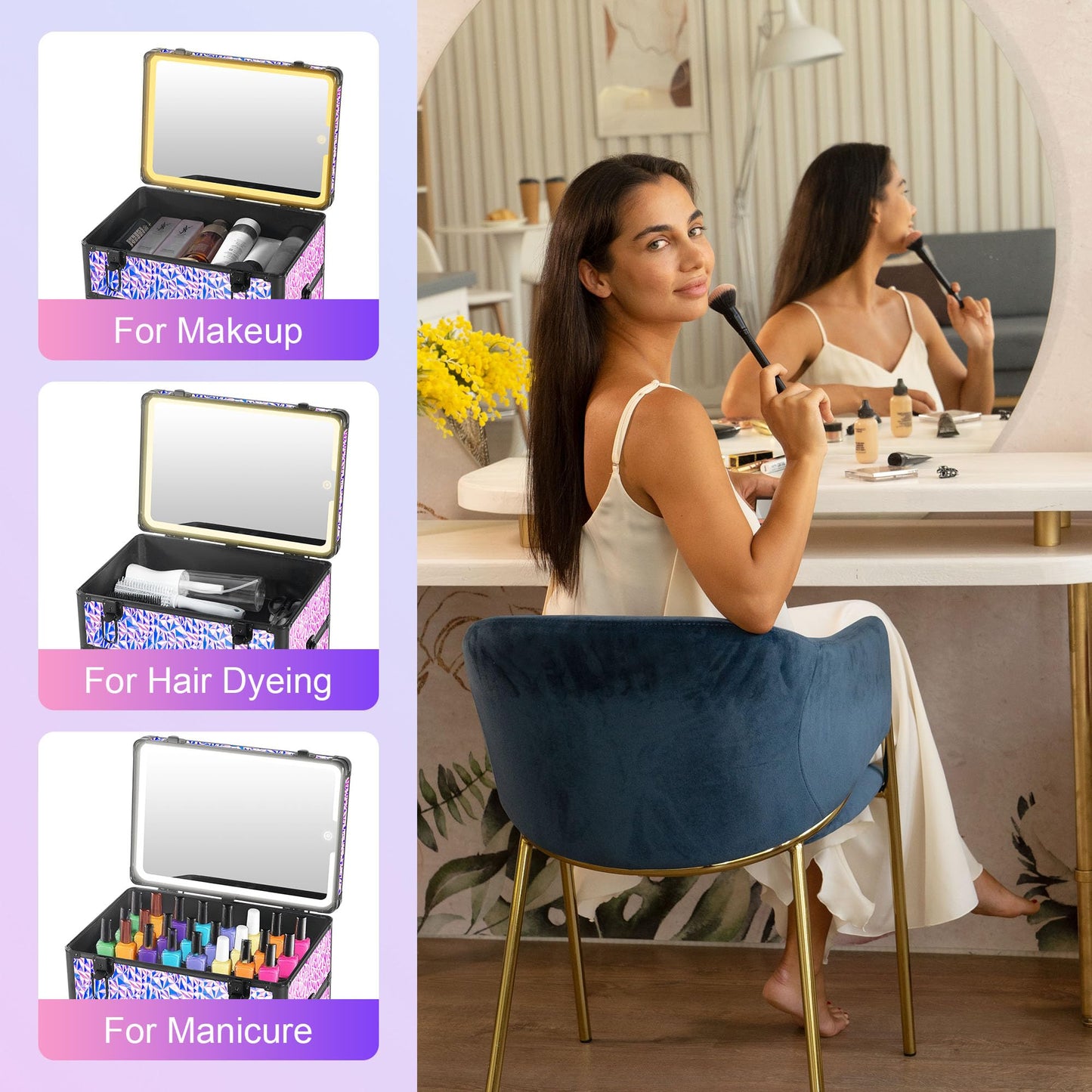 GALHUBIS Rolling Makeup Case with Lighted Mirror, Makeup Train Case with Large Drawer, Cosmetology Case, Travel Makeup Organizers, Professional for Salon Barber, Nail, Tattoo, Multicolor Purple