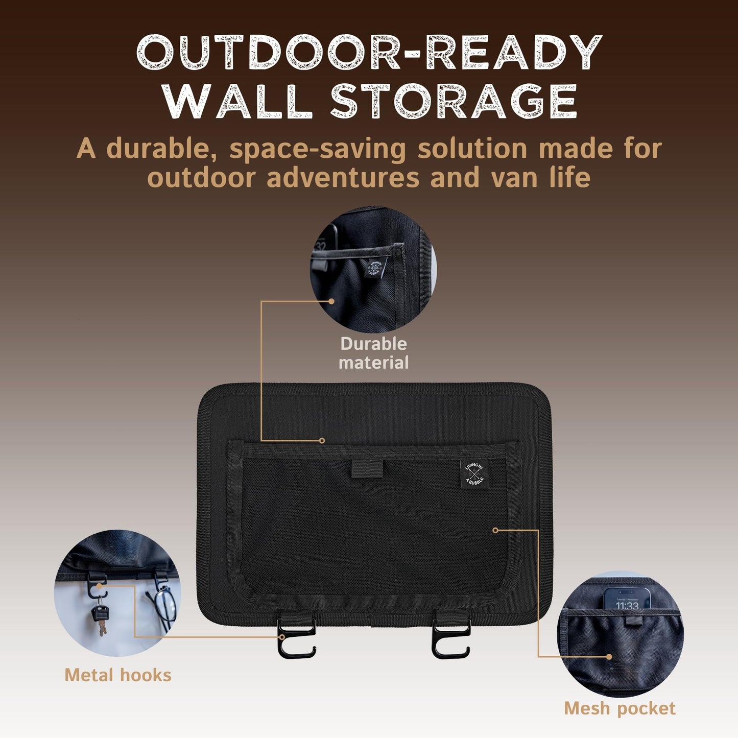 Living in a Bubble Wall Storage Organizer for Travel Trailer, Campervan, RV, and Motorhome - Durable Interior Wall-Mount Adhesive Storage Solution & Space Saver - Outback (Black)