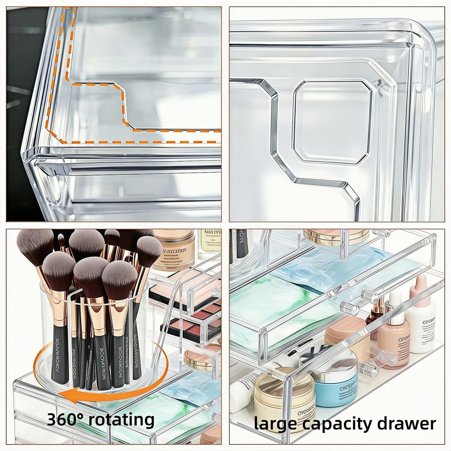 Mjepludh Clear Acrylic Makeup Organizer Countertop 360° Rotating & Removable Storage Tower, 5 Drawers Vanity Organizer for Lipstick, Brush, Skincare Makeup Storage for Dresser, Bathroom or Desk