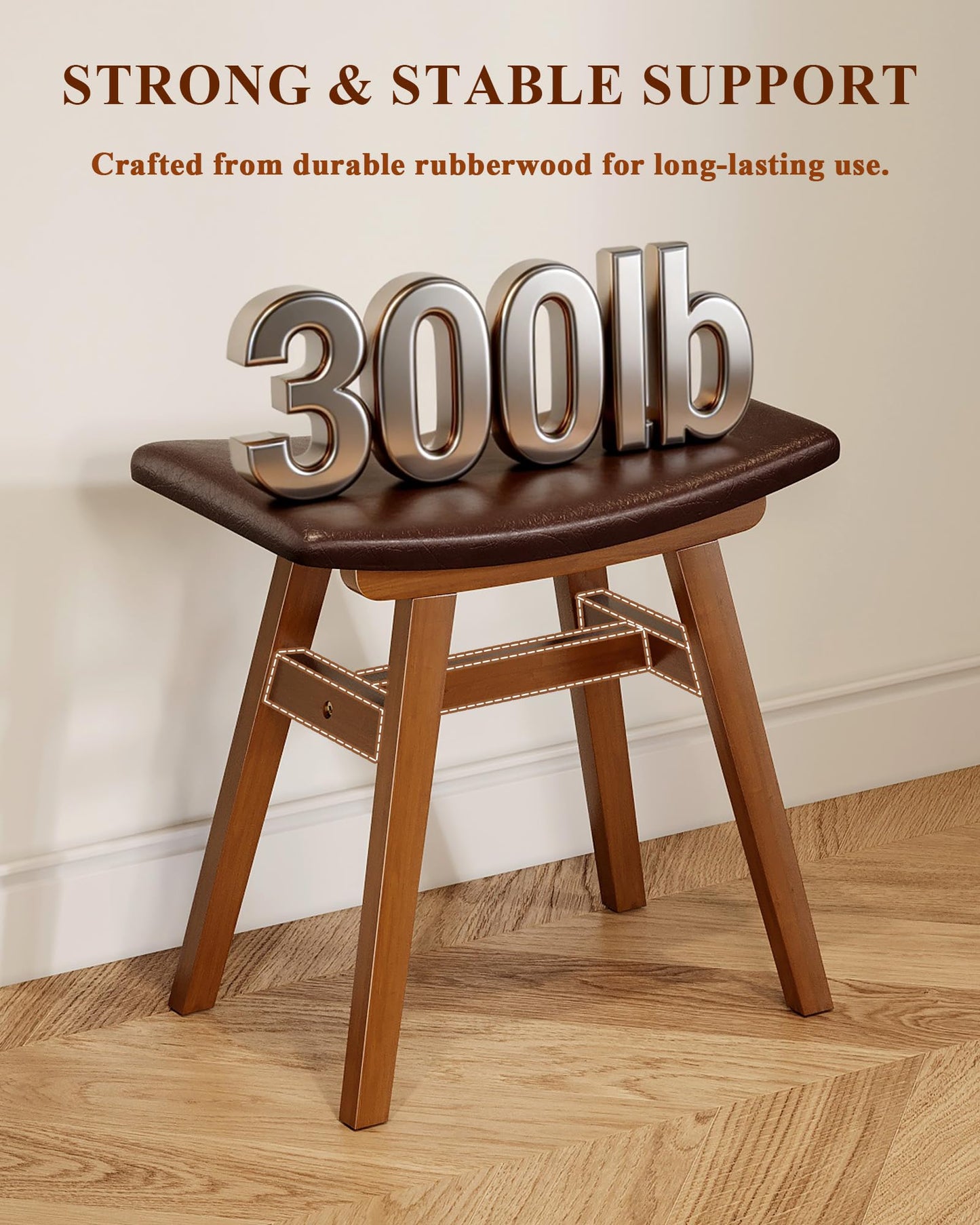 IUNVR Solid Wood Vanity Stool Chair with Leather Cushion, Comfortable Makeup Vanity Stool, Small Stool for Vanity Use, Backless Vanity Chair, Compact Makeup Chair for Bedroom & Study