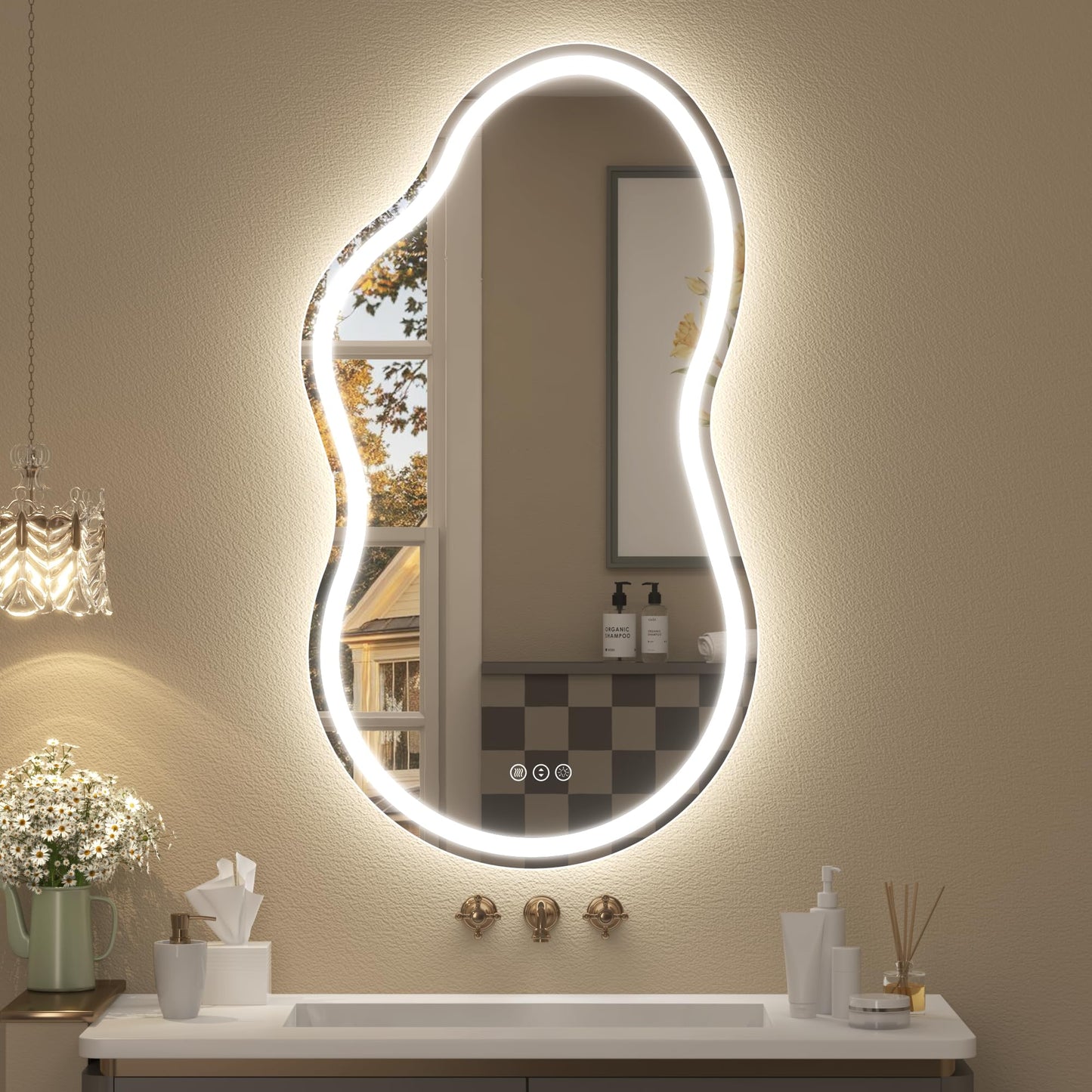CHARMOR Irregular Backlit Bathroom Mirror with Lights 20x36 Inch, Asymmetrical Cloud-Shaped Led Lighted Vanity Mirror, Fogless, Dimmable, Shatterproof, Memory (Horizontal/Vertical)