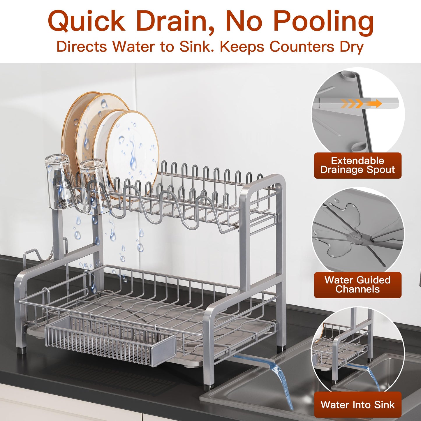 BOOSINY 2 Tier Dish Drainer Drying Rack for Kitchen Counter, Large Stainless Steel Dish Dryer with Drainboard, Big Rustproof Metal Space Saving Countertop Plate Strainer with Utensil Holder, Sliver
