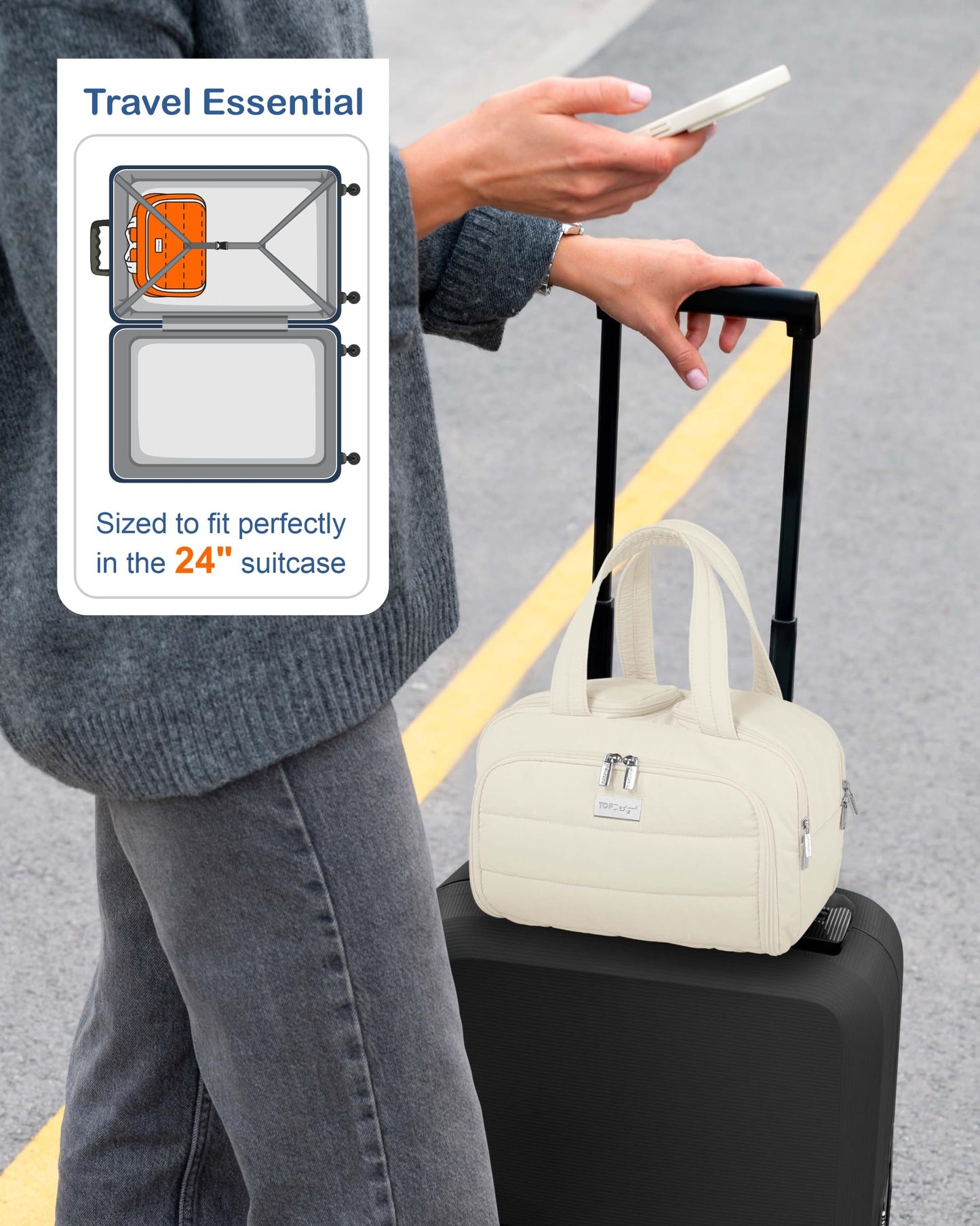 TOPDesign Travel Toiletry Bag for Women, Puffer Large Toiletry Bag, Lightweight Cosmetic Makeup Organizer with Handle for Traveling, Accessories, Essentials, Toiletries (Ivory White)