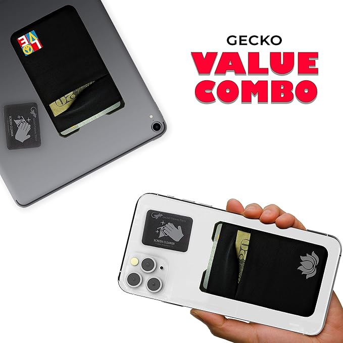 Gecko Travel Tech Double Pocket - Adhesive Card Holder - Cell Phone Pouch - Stick on Spandex Pocket - Carry Credit Cards and Cash (2 PACK - ENLIGHTENED - COMBO)