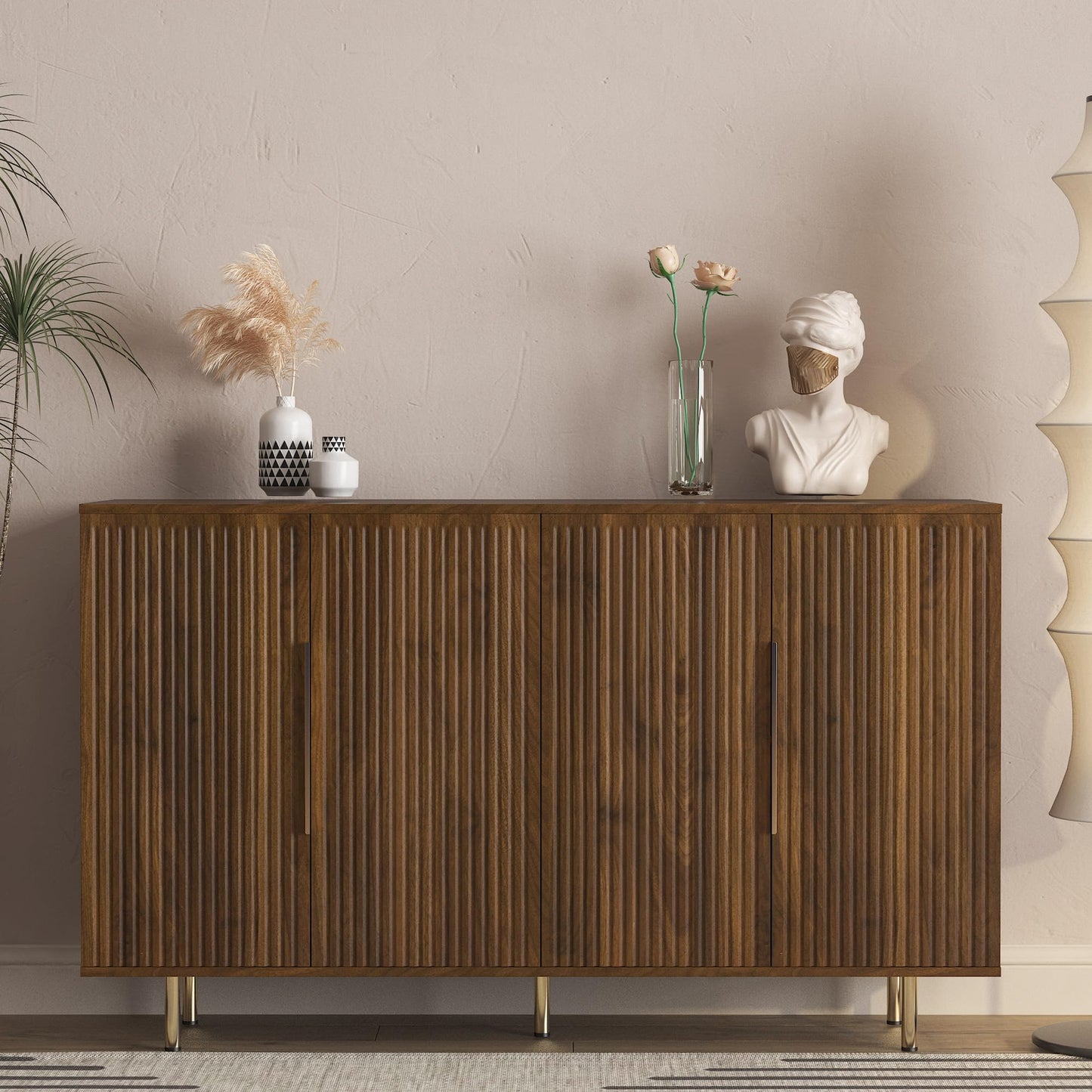QJZLXKYT Sideboard Cabinet, 56" Large Buffet Cabinet with Storage, Wood Credenza Storage Cabinet with 4 Fluted Decorative Doors and Adjustable Shelves, for Living Room, Kitchen, Entryway, Walnut