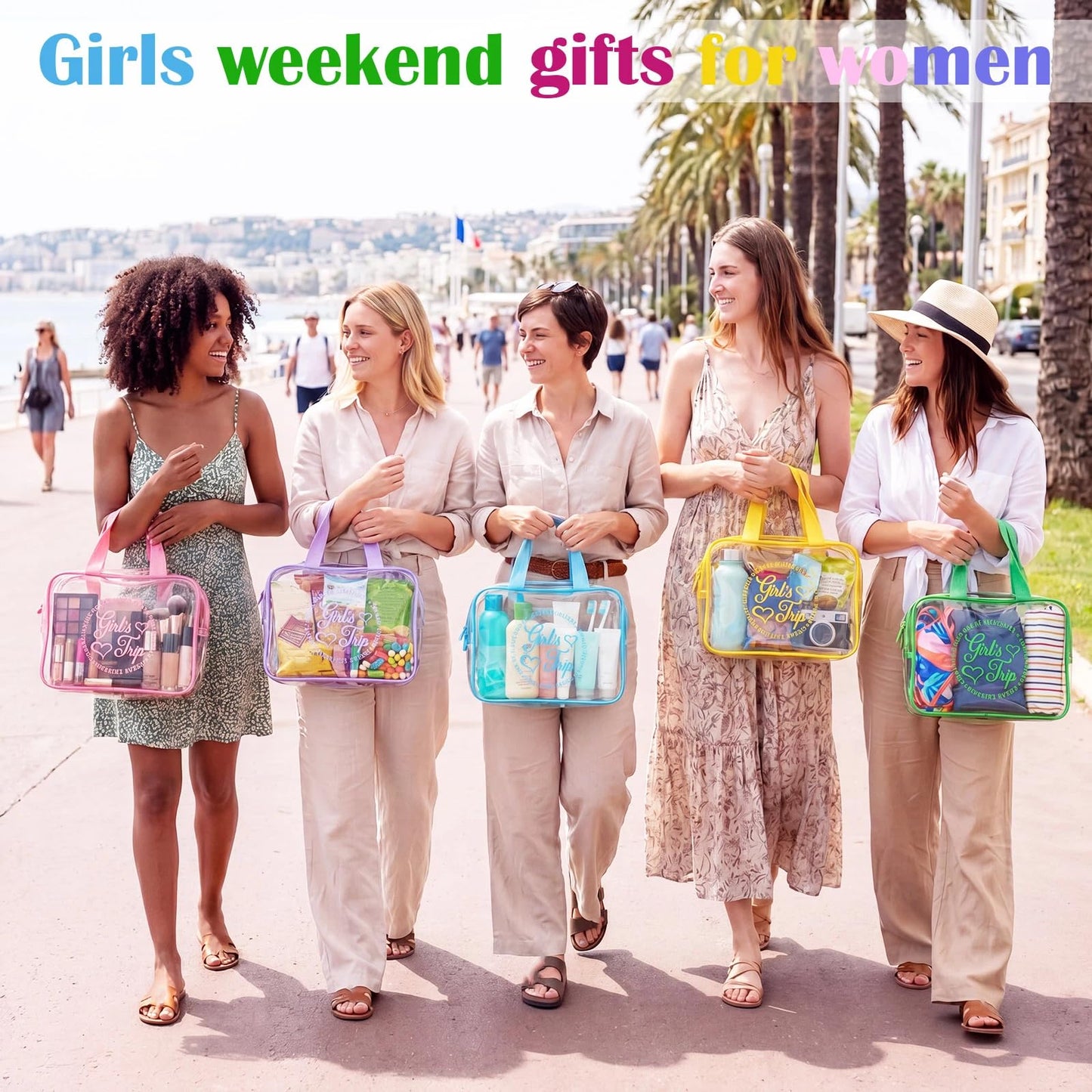 Sunnymove 6 Pcs Girls Trip Gifts Favors Large Clear Makeup Bags with Handle Zipper for Women Waterproof PVC Cosmetic Bag Gifts Set for Women, Sister, Colorful