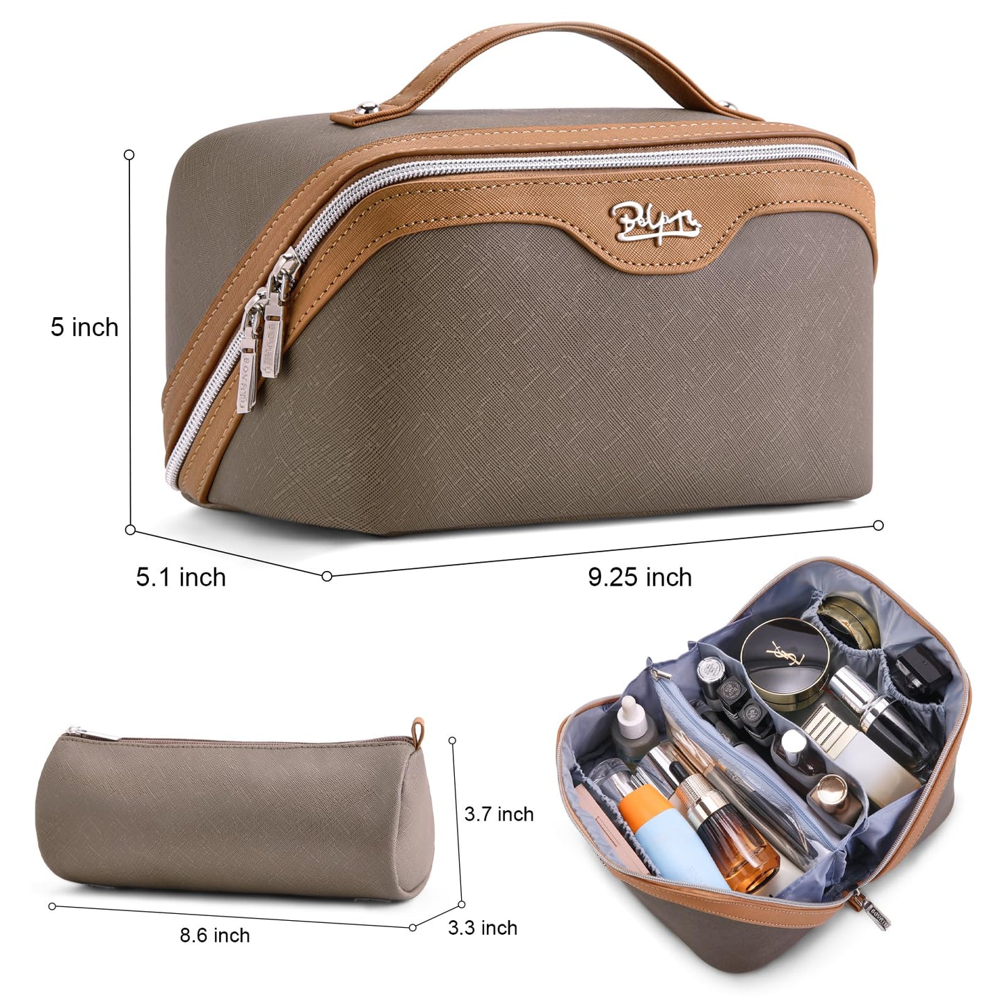 BOYATU Travel Makeup Bag Organizer Cosmetic Bag: 3 Pcs Set Make up Bags for Women with Handle - Waterproof Vegan Leather Toiletry Bags Travel Essentials Pouch with Compartments (A-02-Grey)