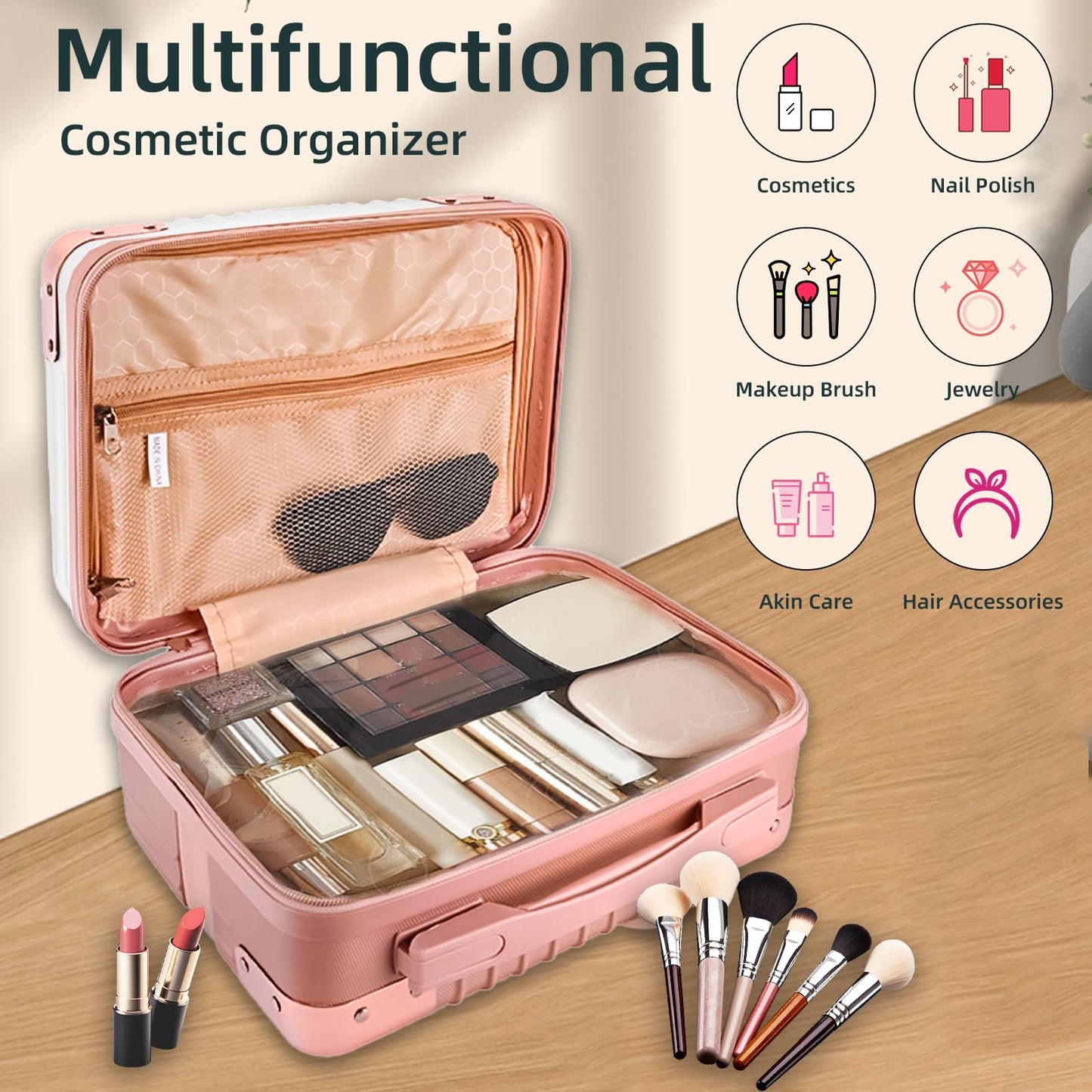 Yoanlayr 14inch Hard Shell Cosmetic Organizer Travel Train Hand Luggage Small Portable Carrying Suitcase Makeup Case Bag for Women Toiletry