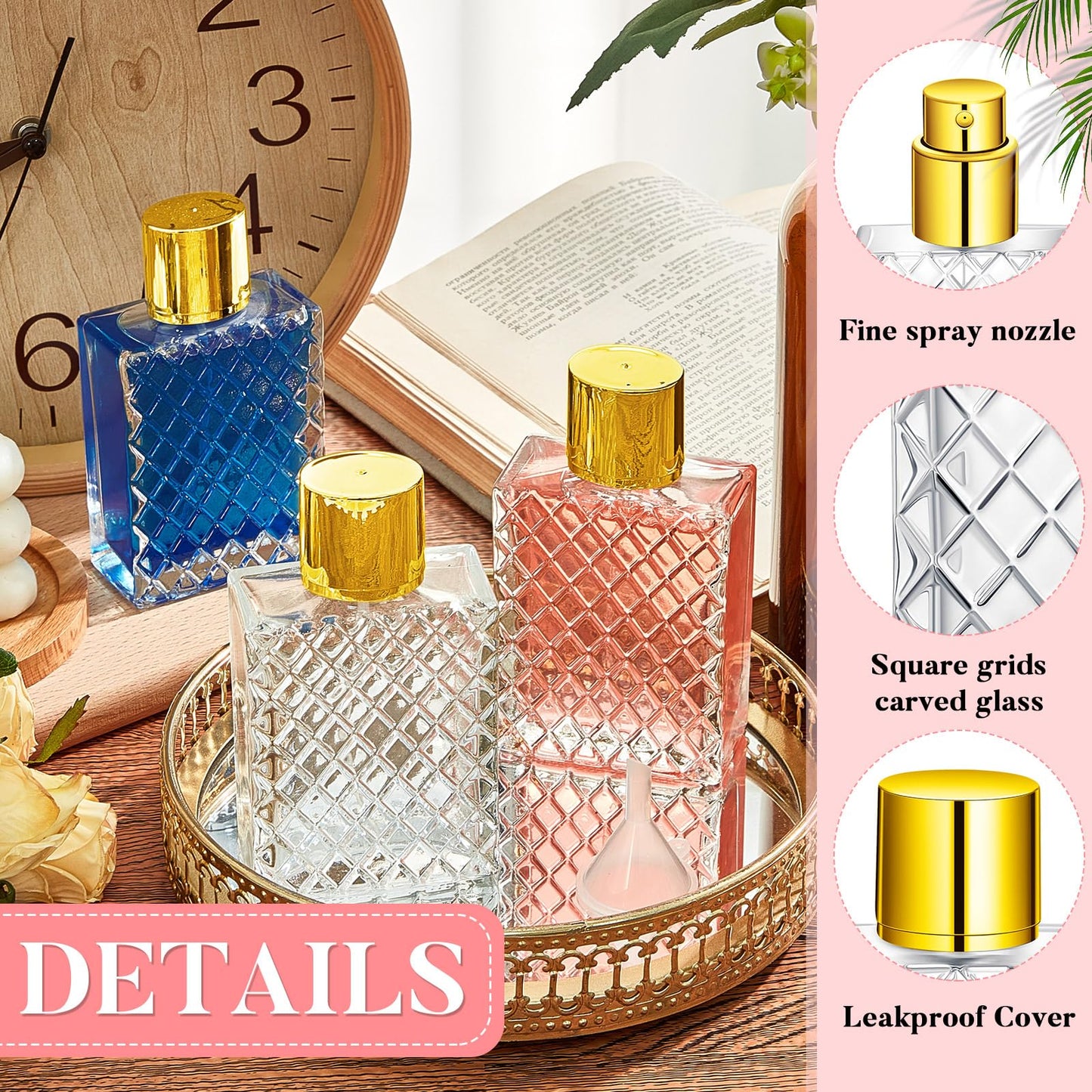 Zhehao 10 Pcs 100ml 3.4 oz Glass Perfume Bottles Refillable Fine Mist Atomizer Spray Bottle with 10 Funnel Filler Empty Portable Perfume Atomizer Clear Essential Oil Container with Sprayer (Gold)
