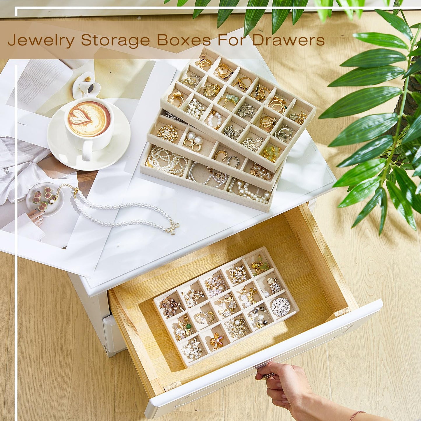 Junkin 12 Pcs Jewelry Tray Velvet Stackable Jewelry Organizer Trays Divided Earring Accessories Storage Containers Box(Beige)