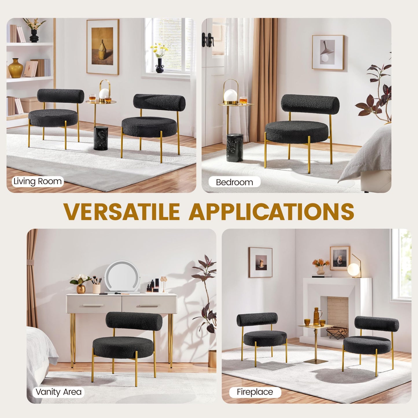 Yaheetech Modern Tufted Vanity Chair with Gold Legs for Bedroom Makeup Room Home Office, Black