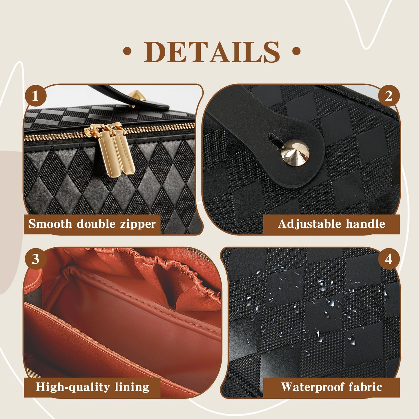 IDELCHOIS Travel Makeup Bag Large Capacity Cosmetic Bags for Women, Waterproof Toiletry Bag Open Flat Makeup Bag with Compartments and Handle, Portable Cosmetic Organizer Pouch, Diamond Black
