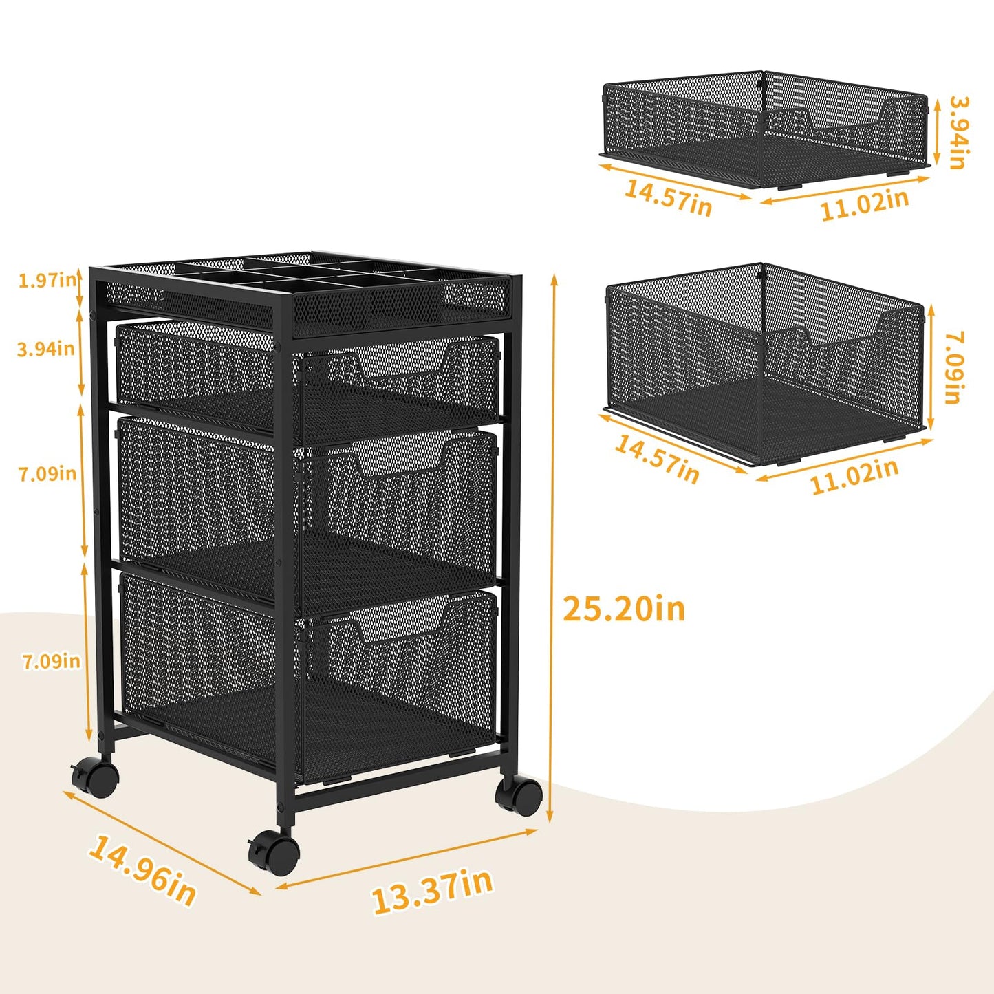 JKsmart Rolling Makeup Cart Organizer with 3 Drawers, Cosmetics Display with Dividers, Floor Skincare Storage with Wheels, Versatile Vanity Organizer for Nail Polish Perfume Brush Hair Tool, Black