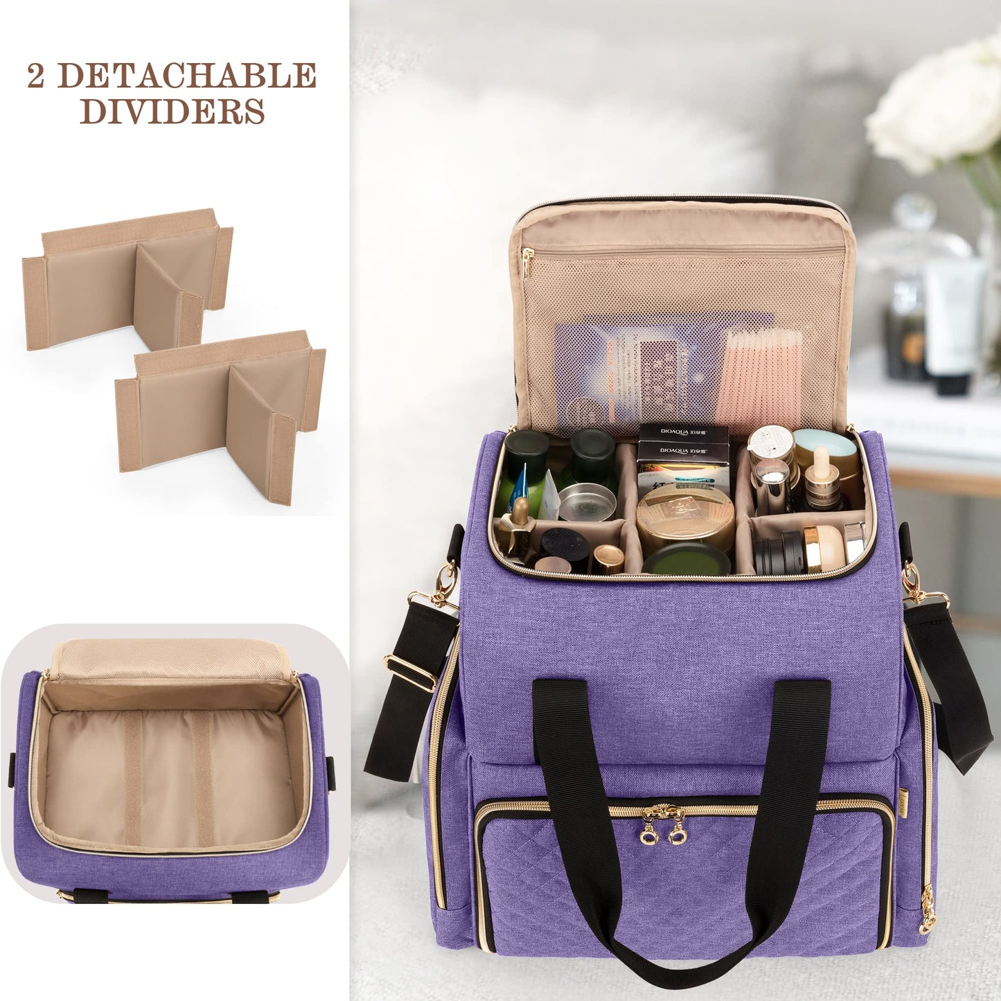 LUXJA Large Travel Makeup Bag with 3 Removable Cases, Cosmetic Bag with Detachable Dividers (Patent Pending), Purple