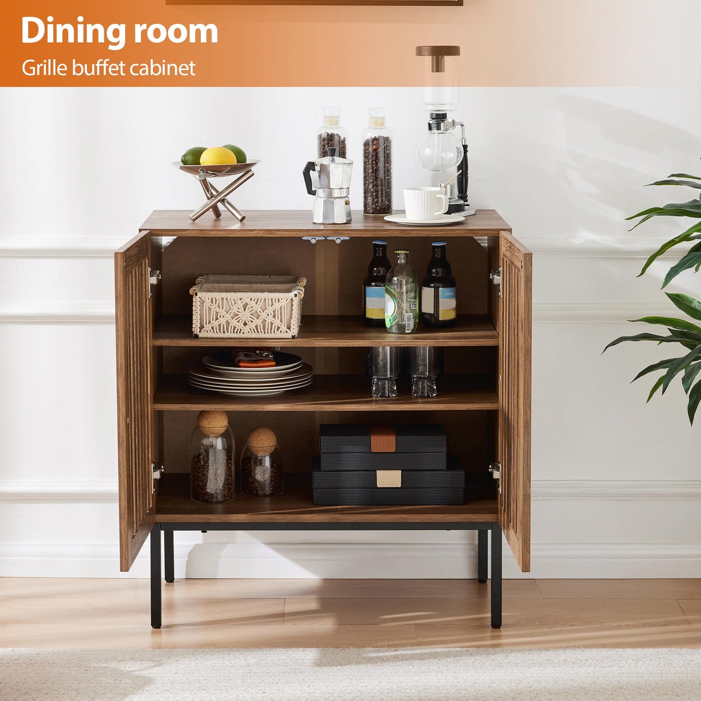 Mericonia Grille Buffet Cabinet with Storage, Sideboards 2 Doors with Metal Base and Adjustable Shelf for Kitchen, Coffee Bar, Dining Room, Entryway, Hallway,Living Room