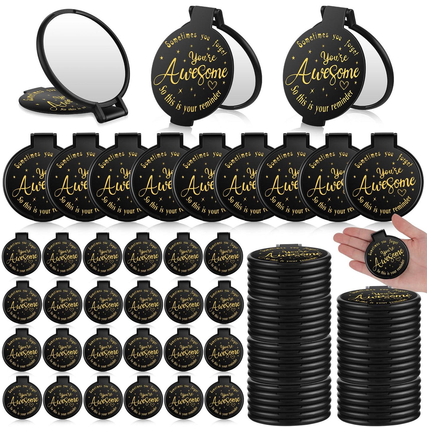 Huwena 100 Pcs Inspirational Compact Mirror Bulk Mini Gifts Women Round Purse Pocket Mirror, Mothers Day Employee Appreciation Gifts, Wedding Party Favors for Guests(Black,Awesome)